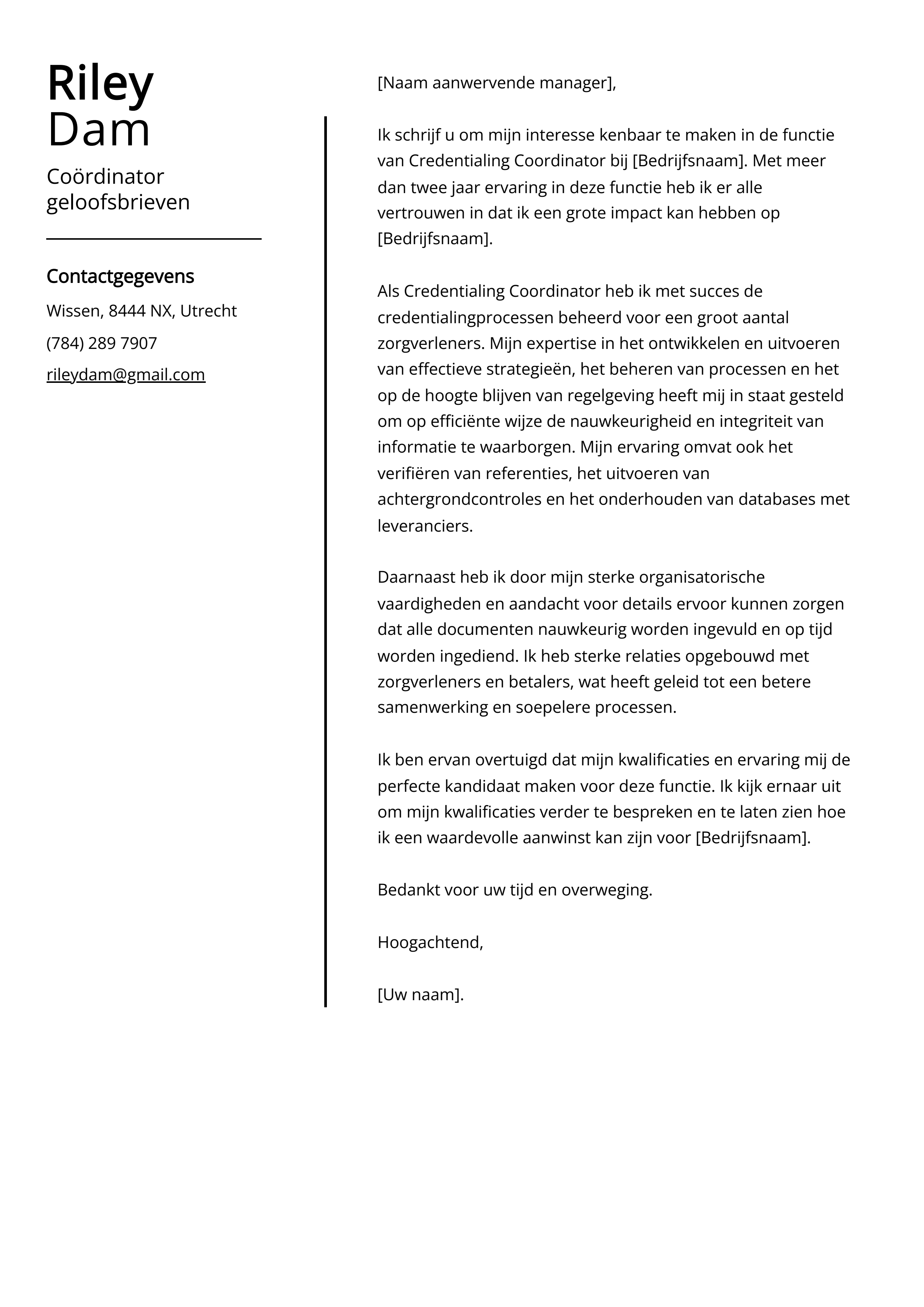 Coördinator geloofsbrieven Voorbeeld sollicitatiebrief