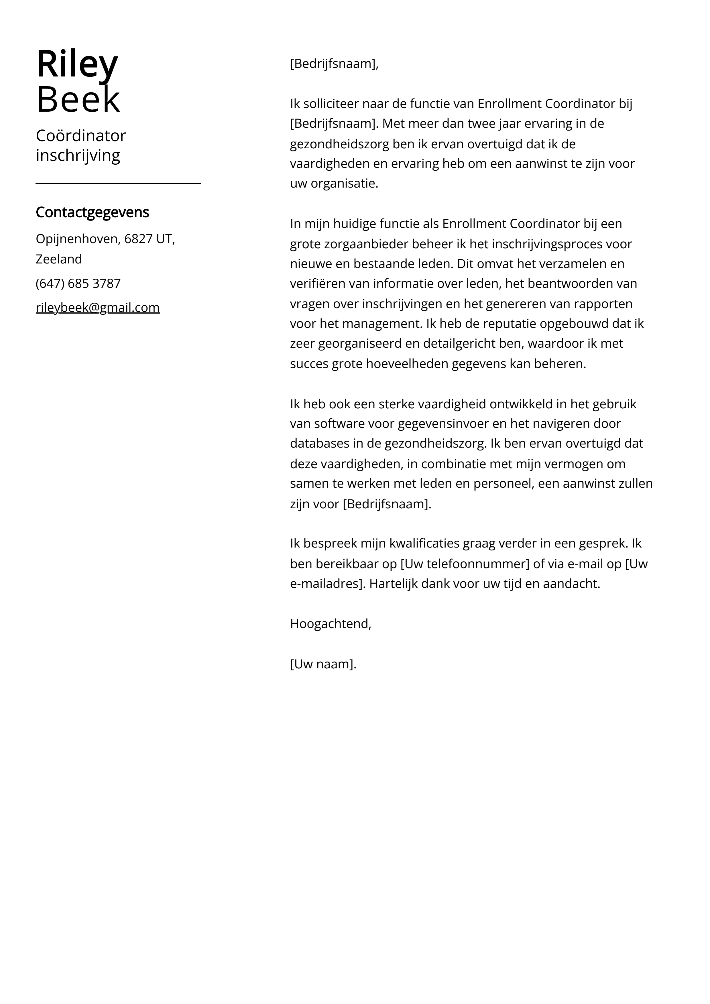 Coördinator inschrijving Cover Letter Voorbeeld