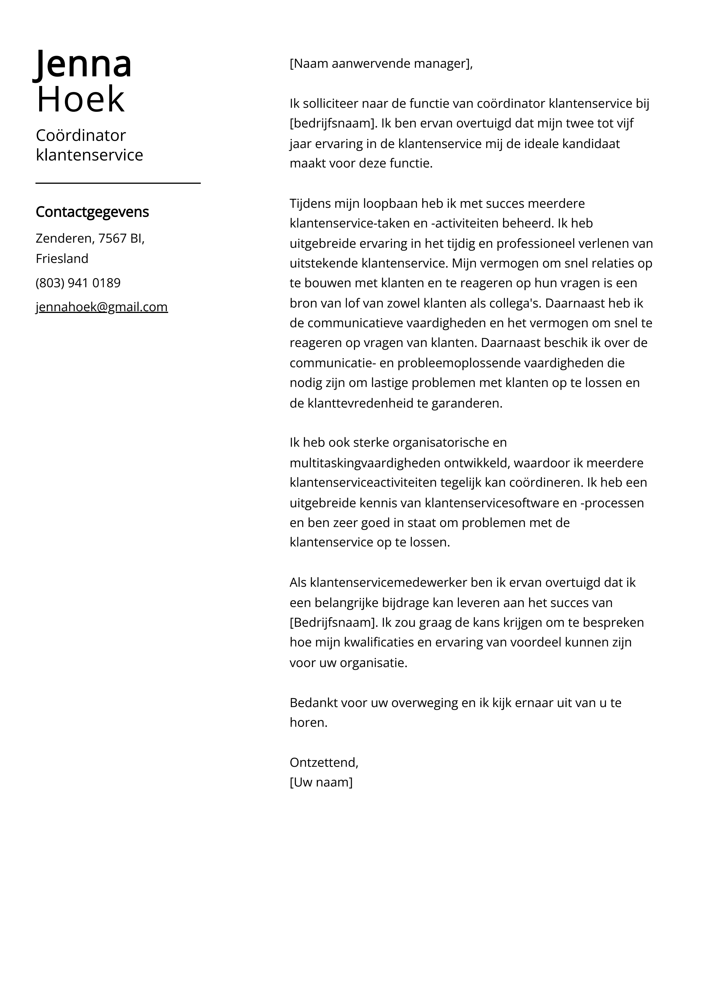 Coördinator klantenservice Voorbeeld sollicitatiebrief