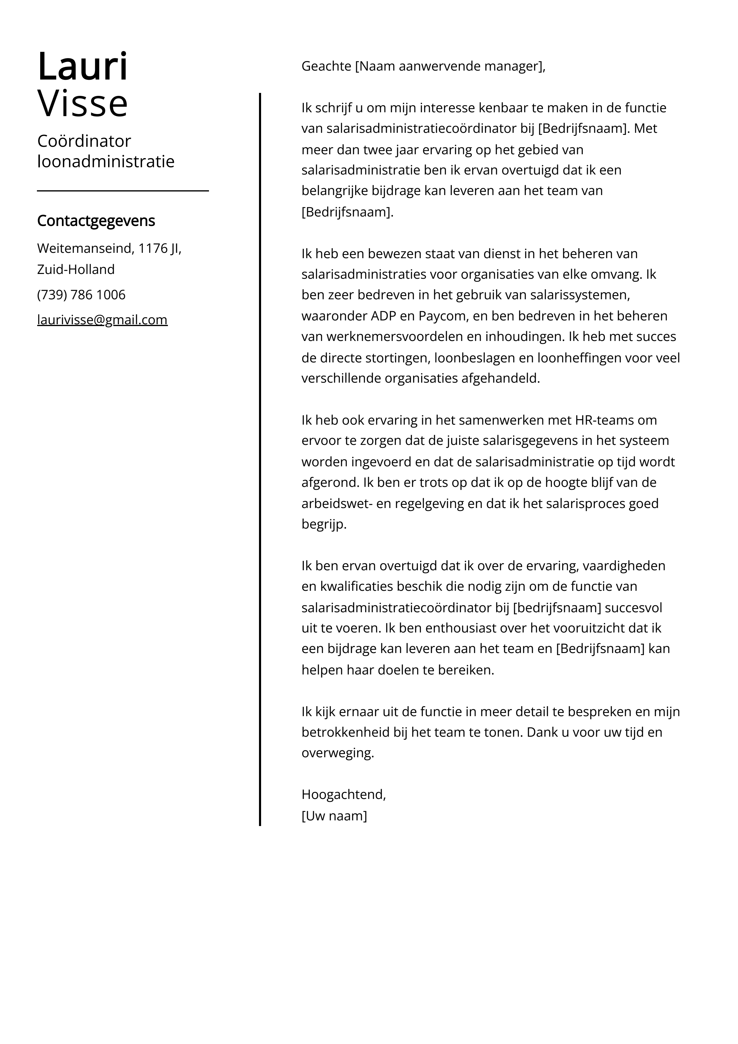 Coördinator loonadministratie Voorbeeld sollicitatiebrief