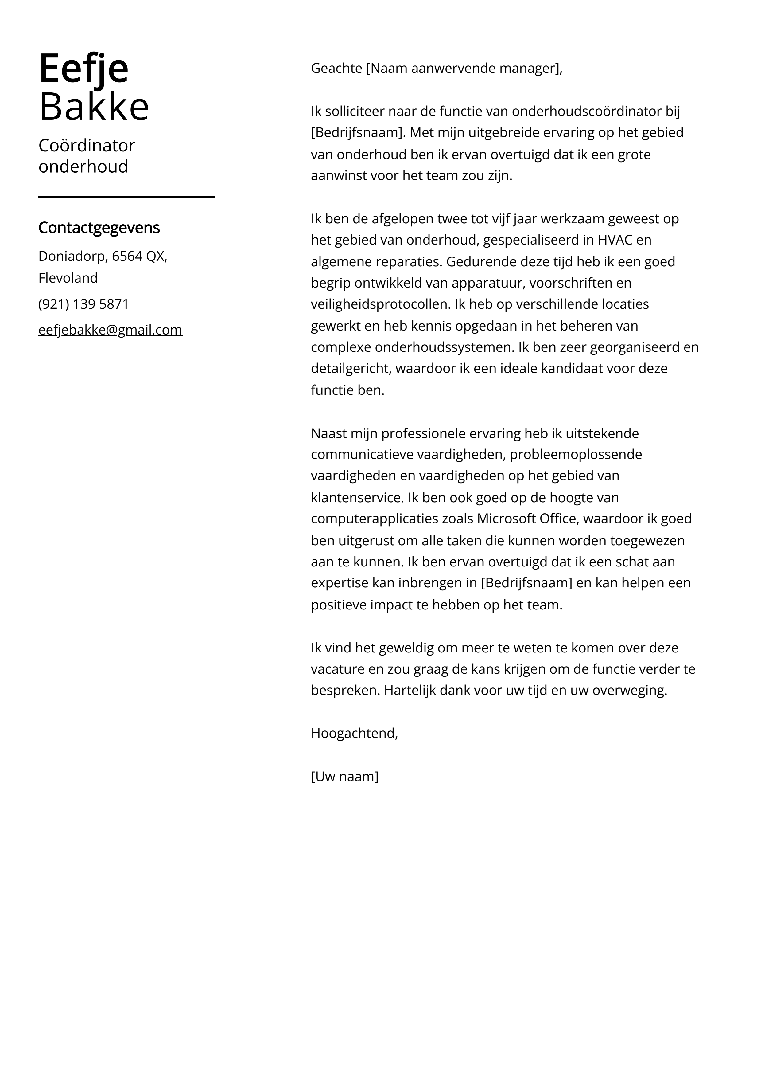 Coördinator onderhoud Cover Letter Voorbeeld