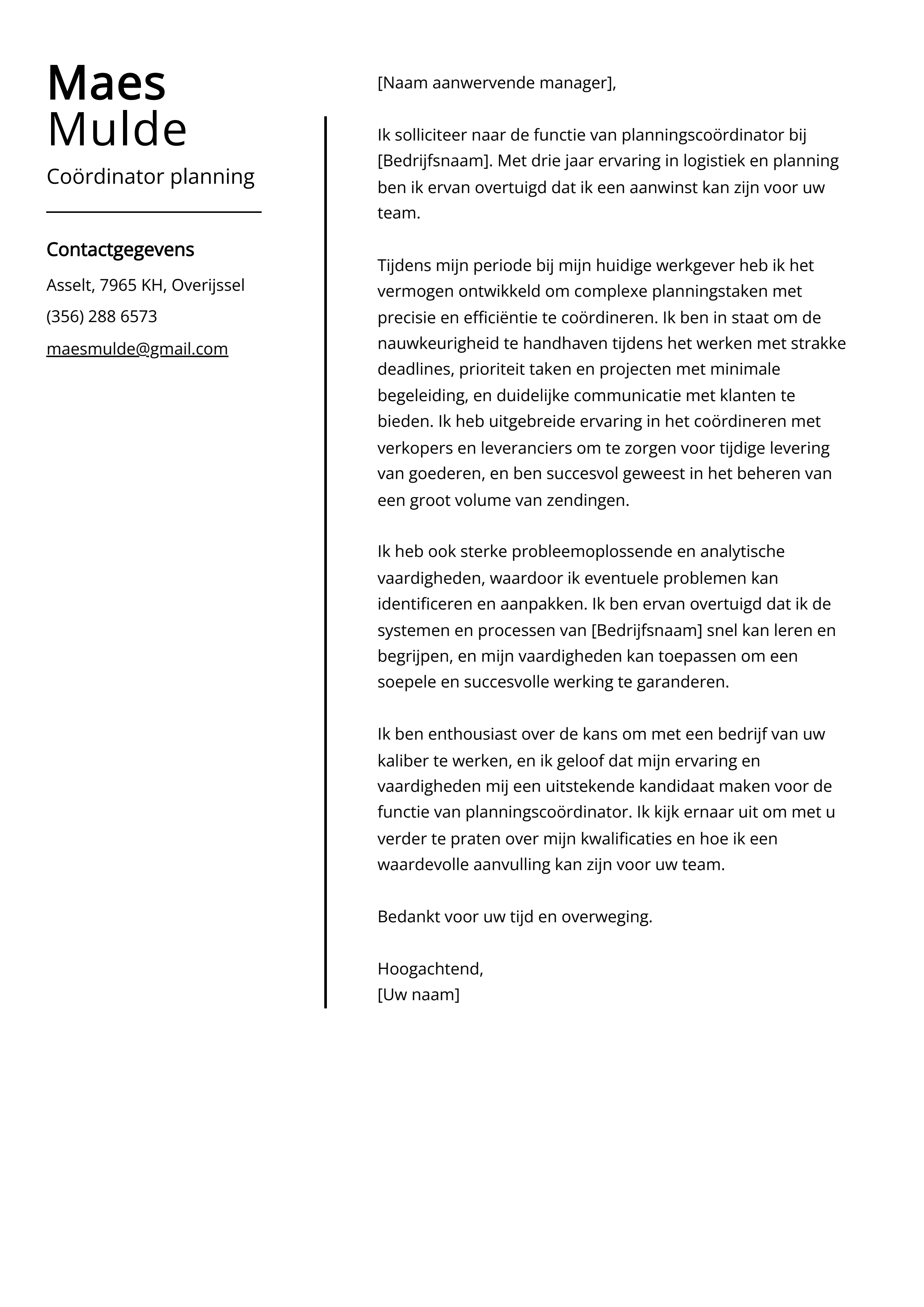 Coördinator planning Cover Letter Voorbeeld