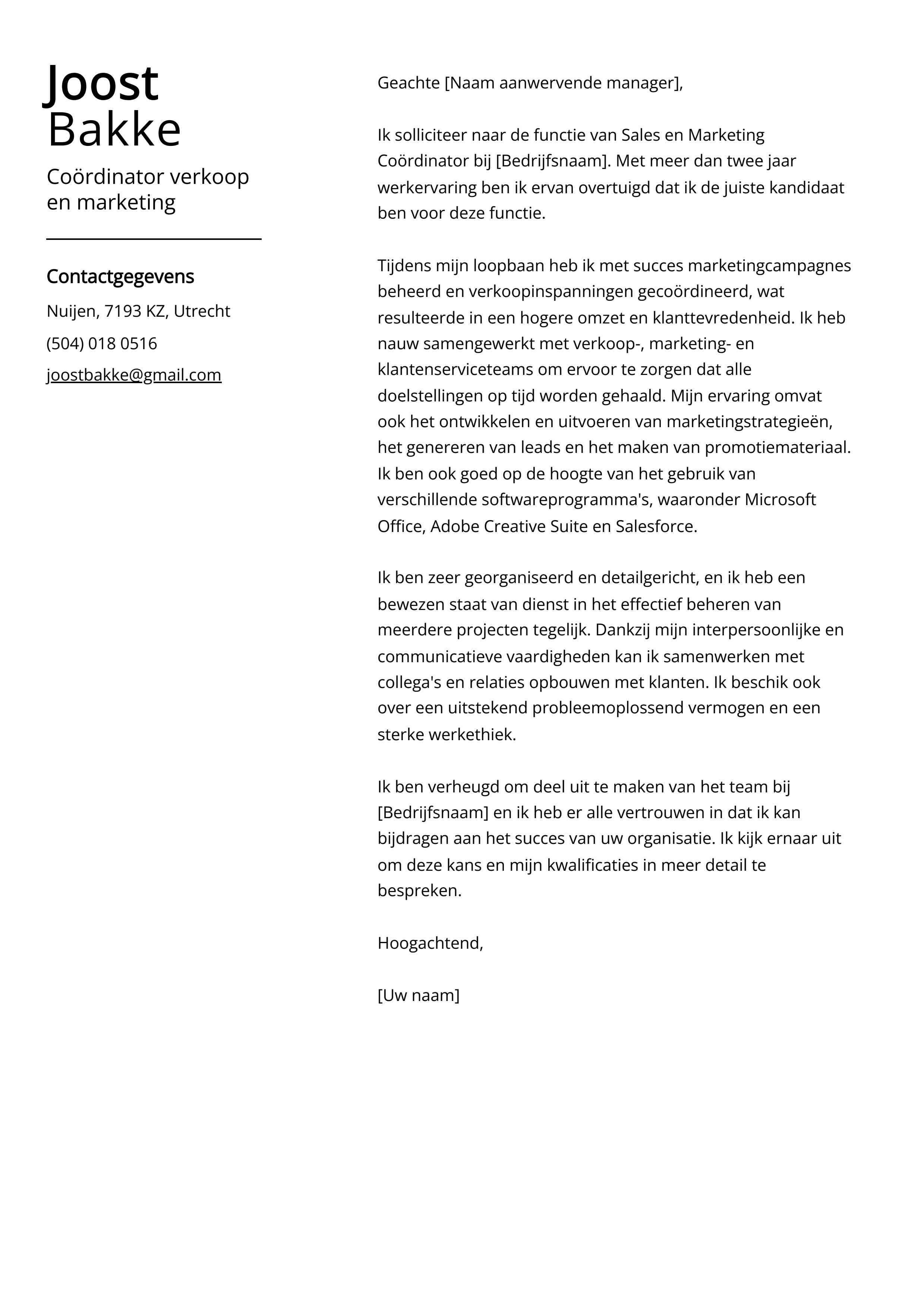 Coördinator verkoop en marketing Voorbeeld sollicitatiebrief