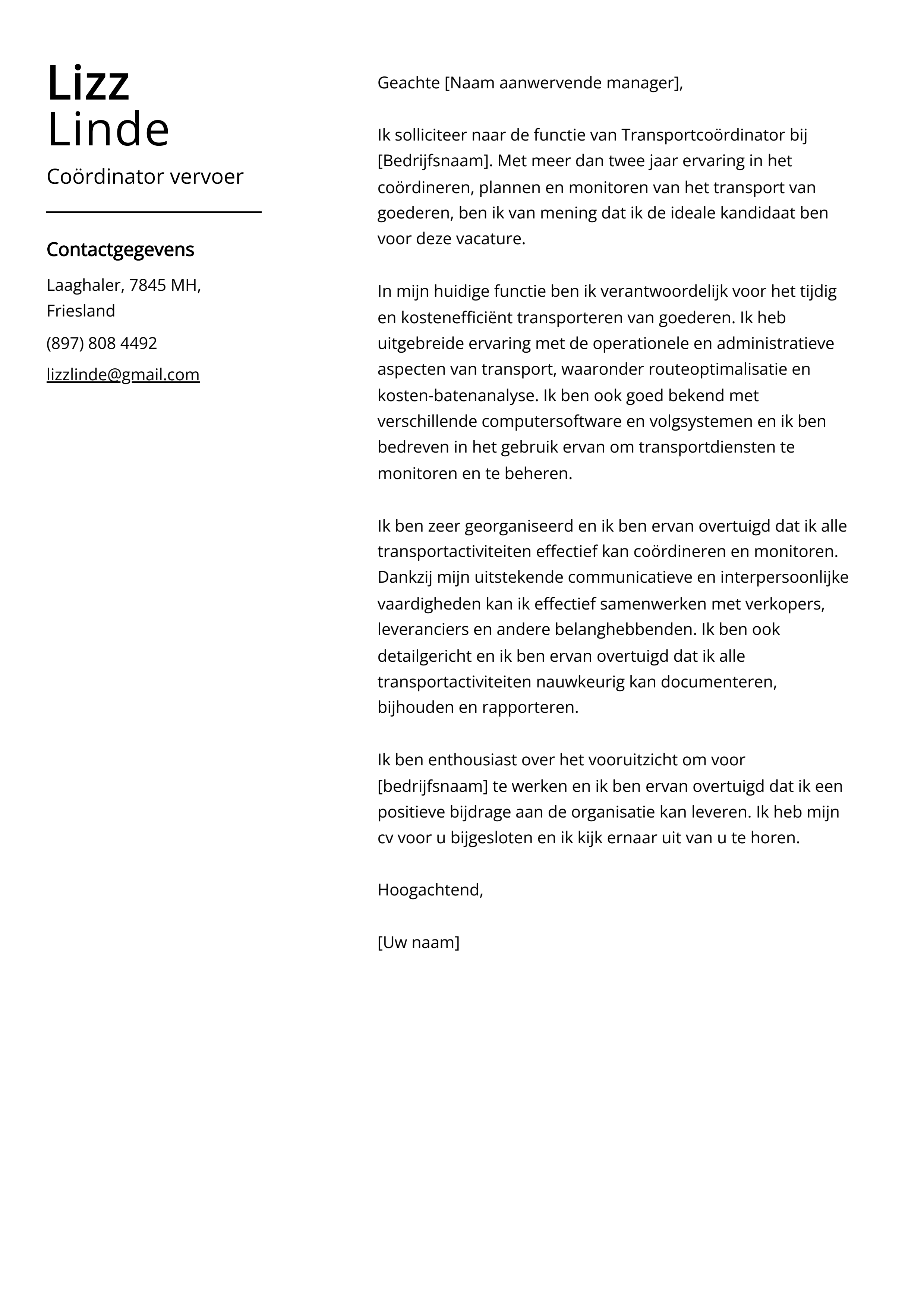 Coördinator vervoer Voorbeeld sollicitatiebrief