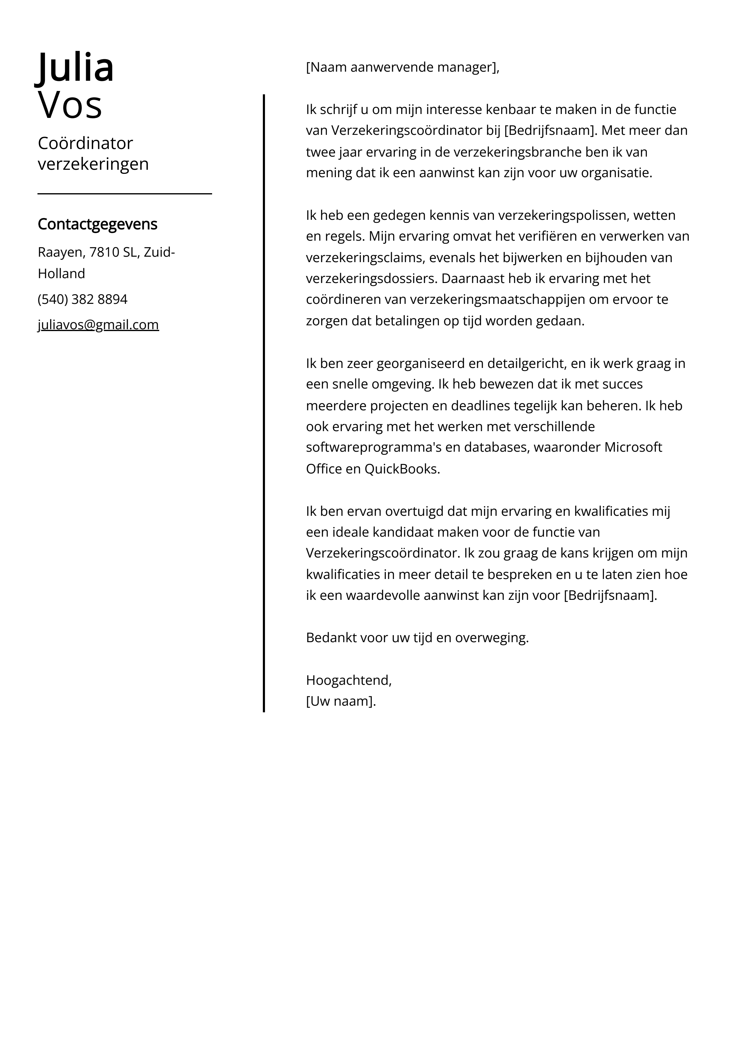 Coördinator verzekeringen Voorbeeld sollicitatiebrief