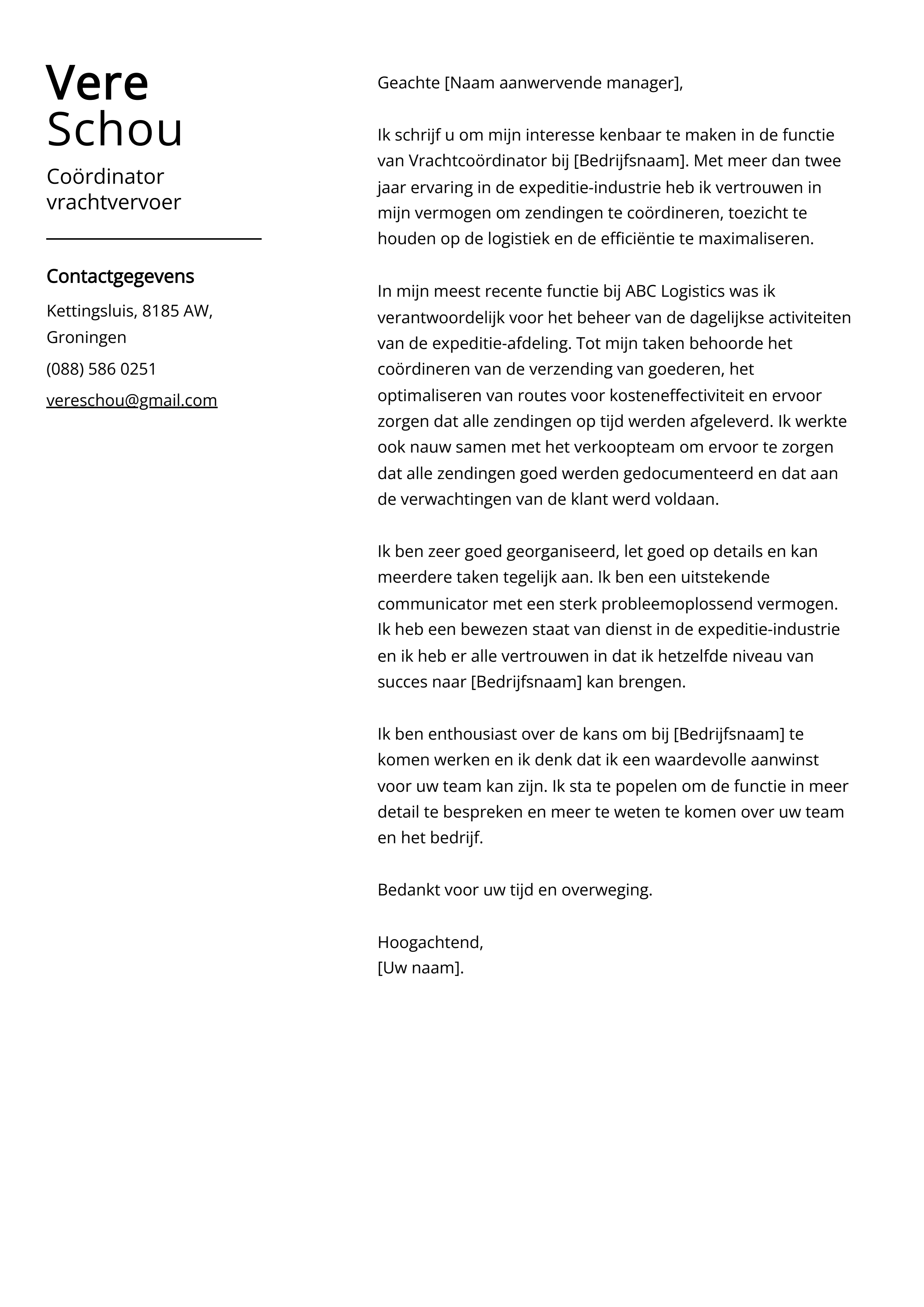 Coördinator vrachtvervoer Cover Letter Voorbeeld