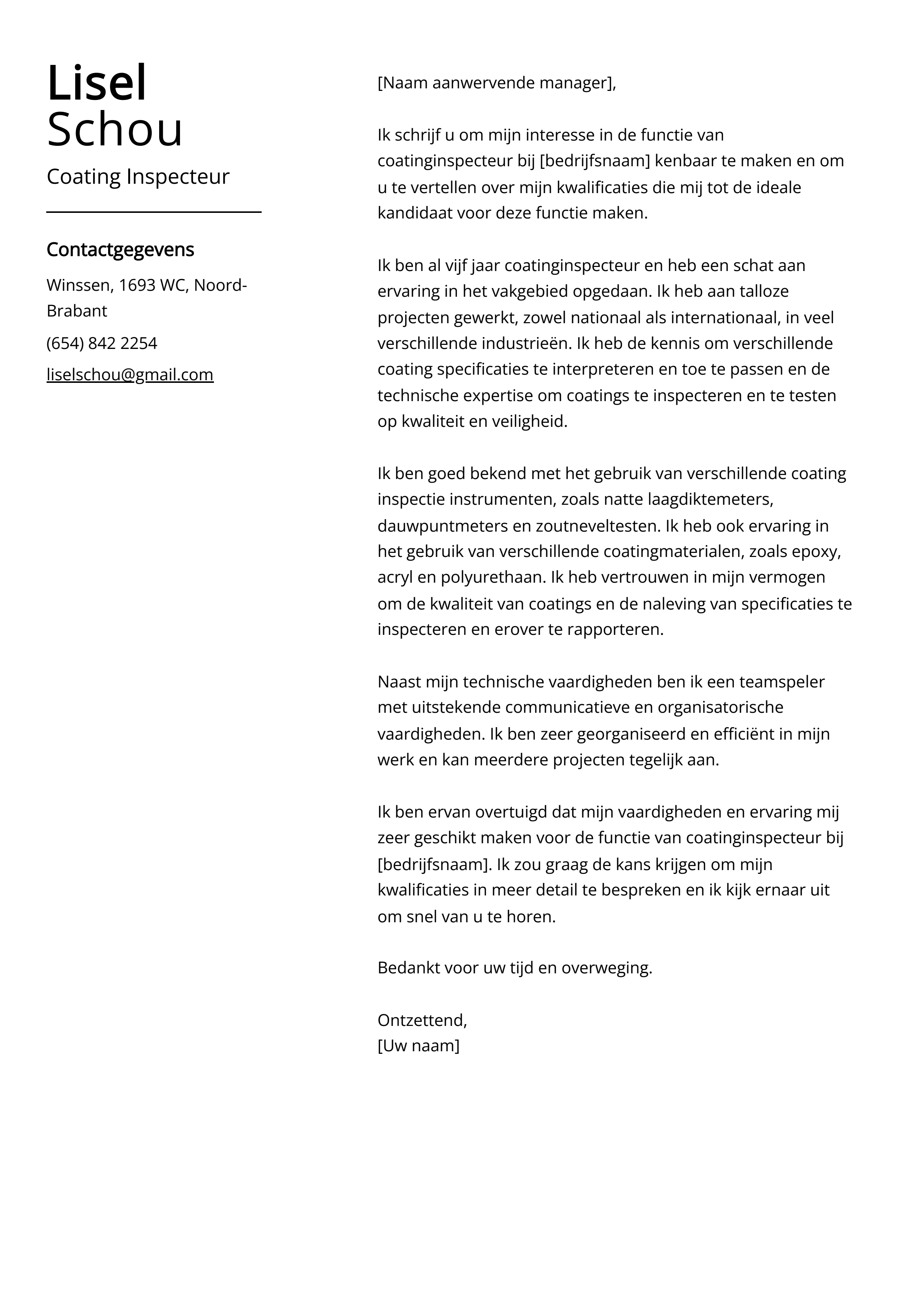 Bekledingsinspecteur Voorbeeld sollicitatiebrief