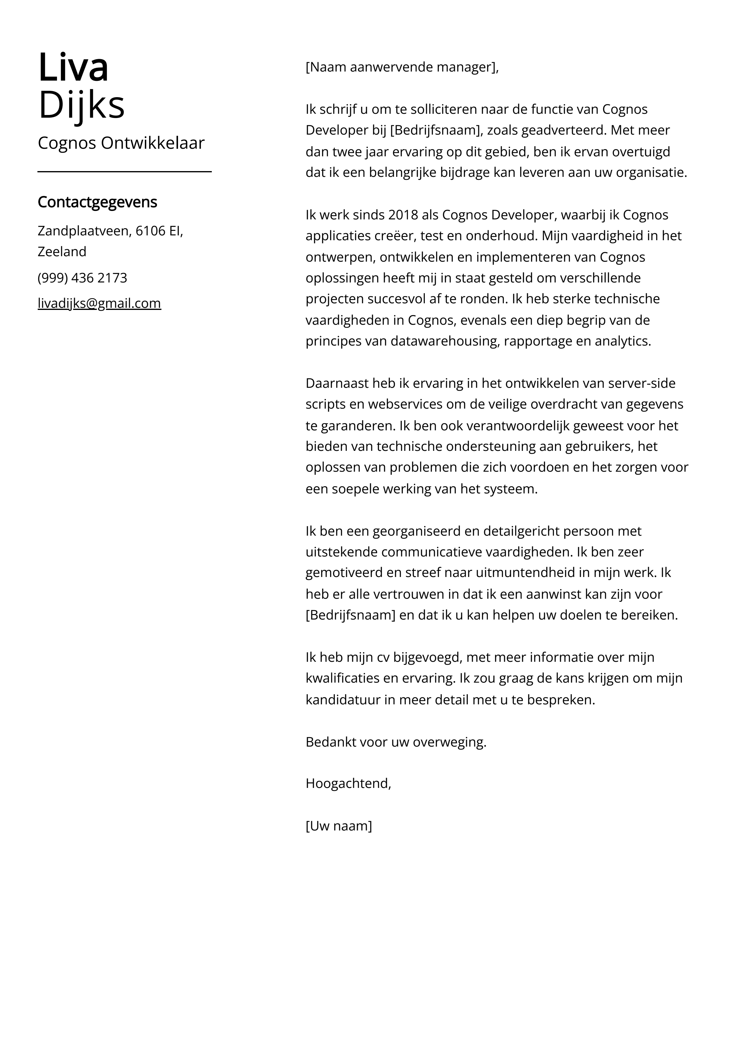 Cognos Ontwikkelaar Sollicitatiebrief Voorbeeld