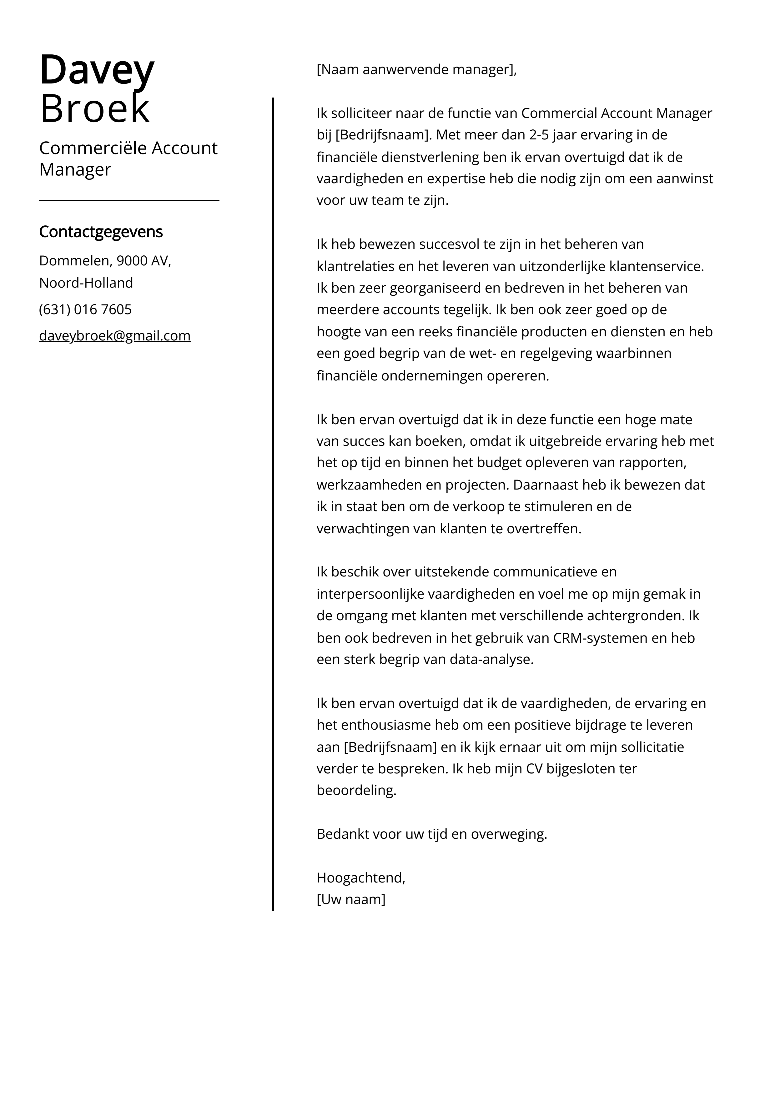 Commerciële Account Manager Sollicitatiebrief Voorbeeld