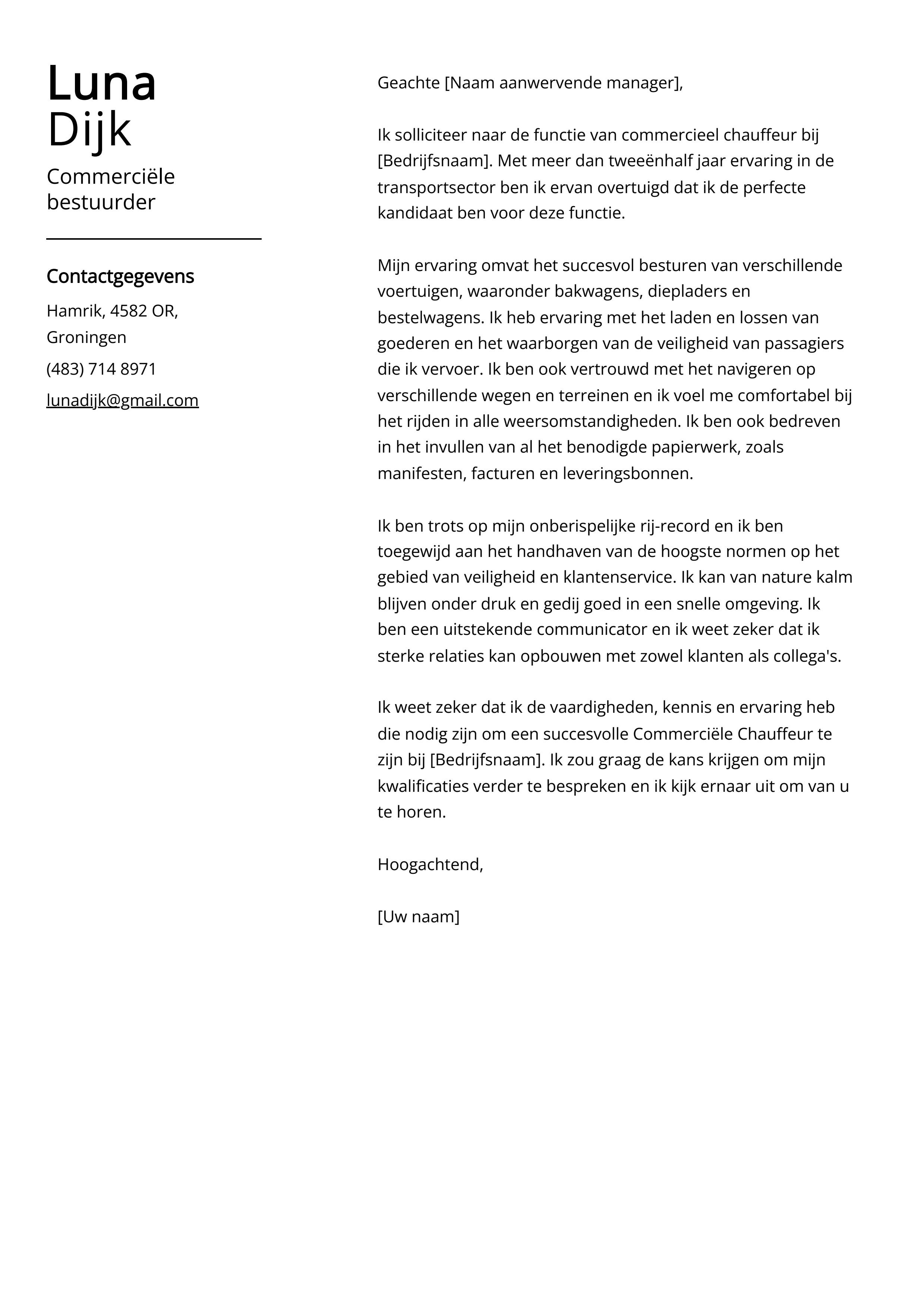 Commerciële bestuurder Cover Letter Voorbeeld