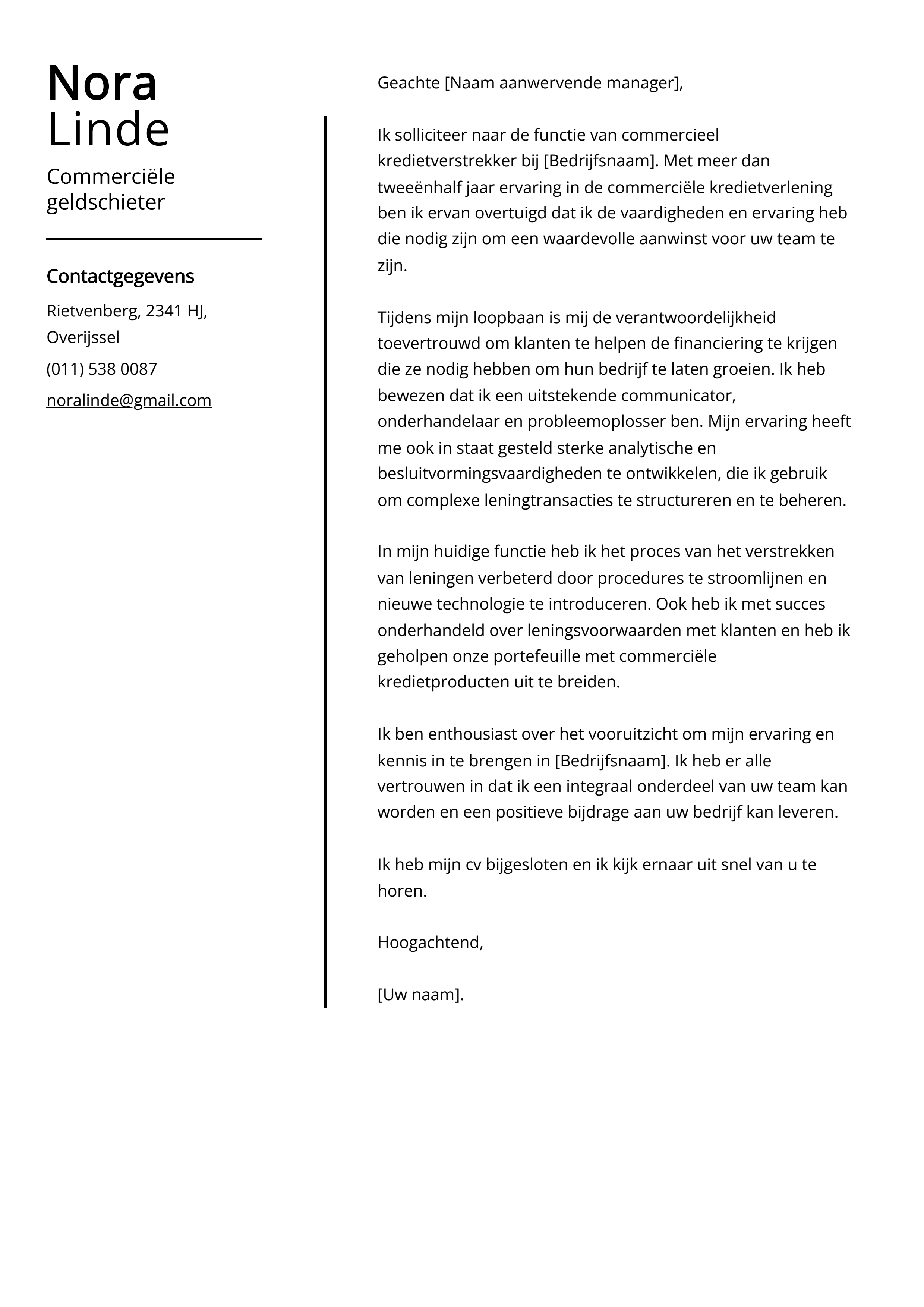 Commerciële geldschieter Cover Letter Voorbeeld