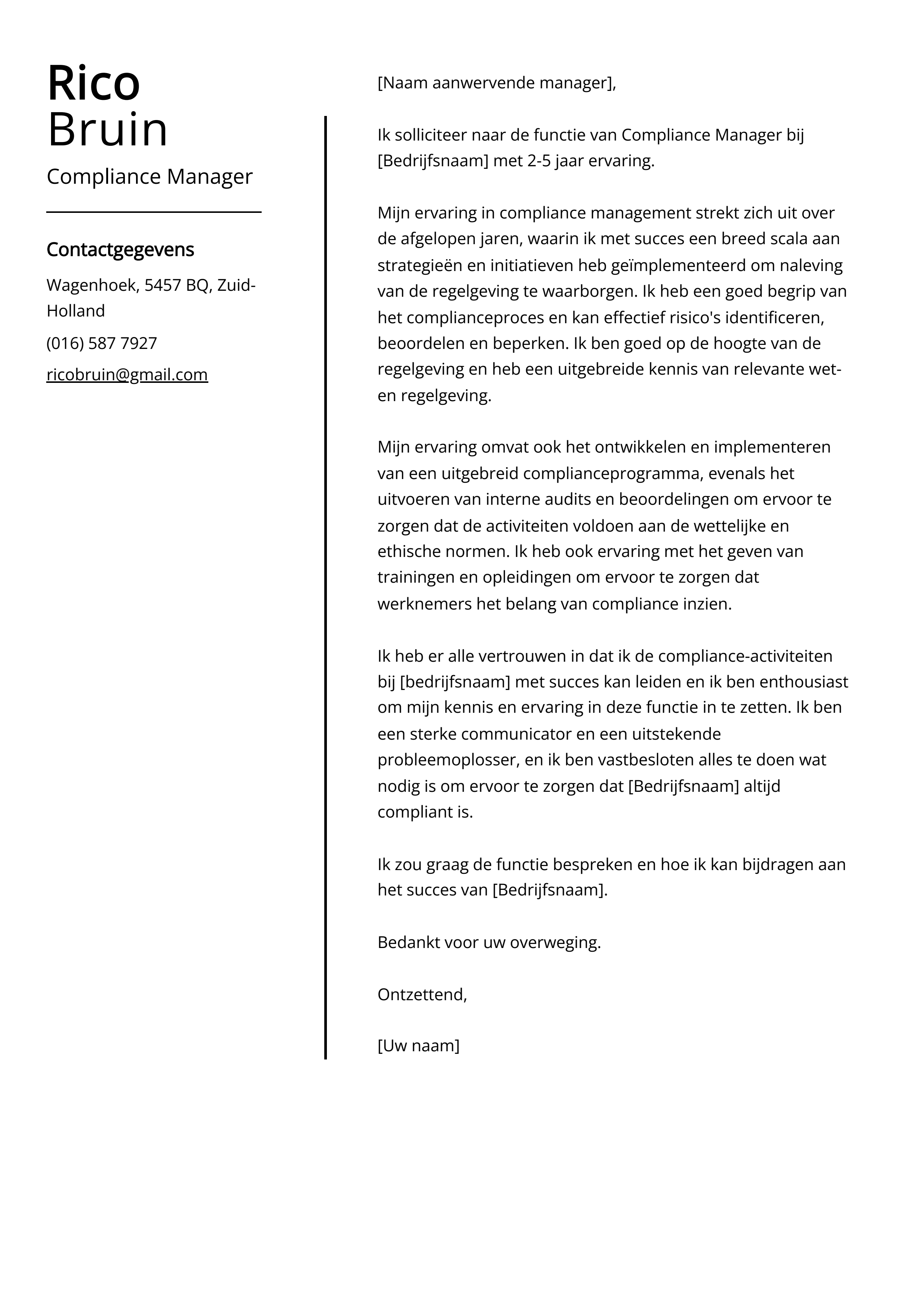 Compliance Manager Voorbeeld sollicitatiebrief