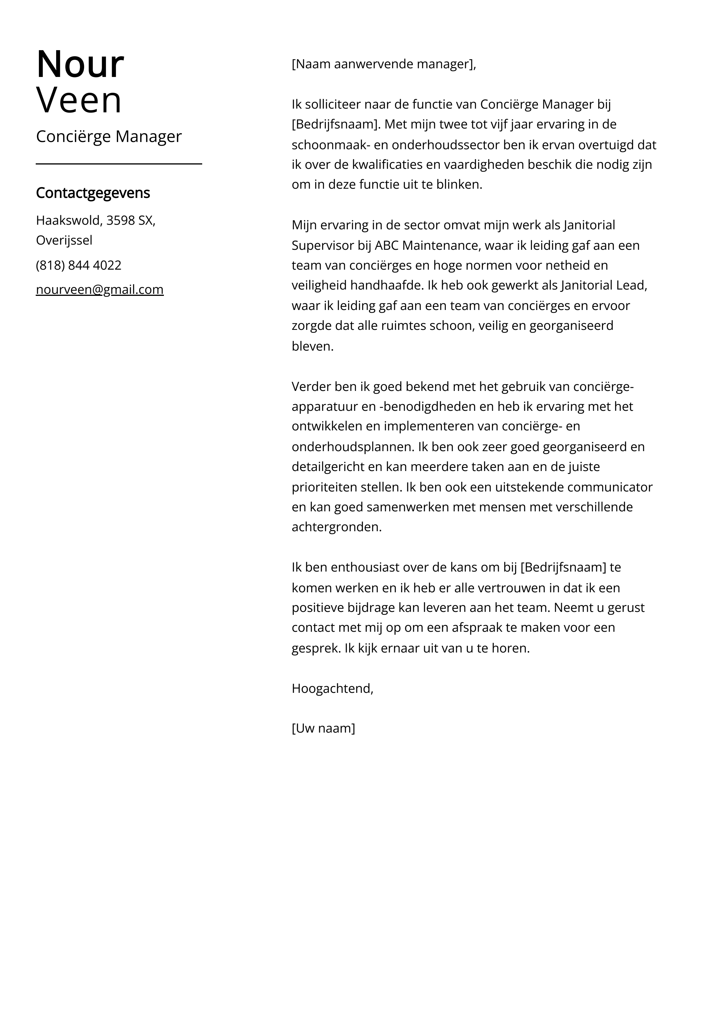 Conciërge Manager Sollicitatiebrief Voorbeeld