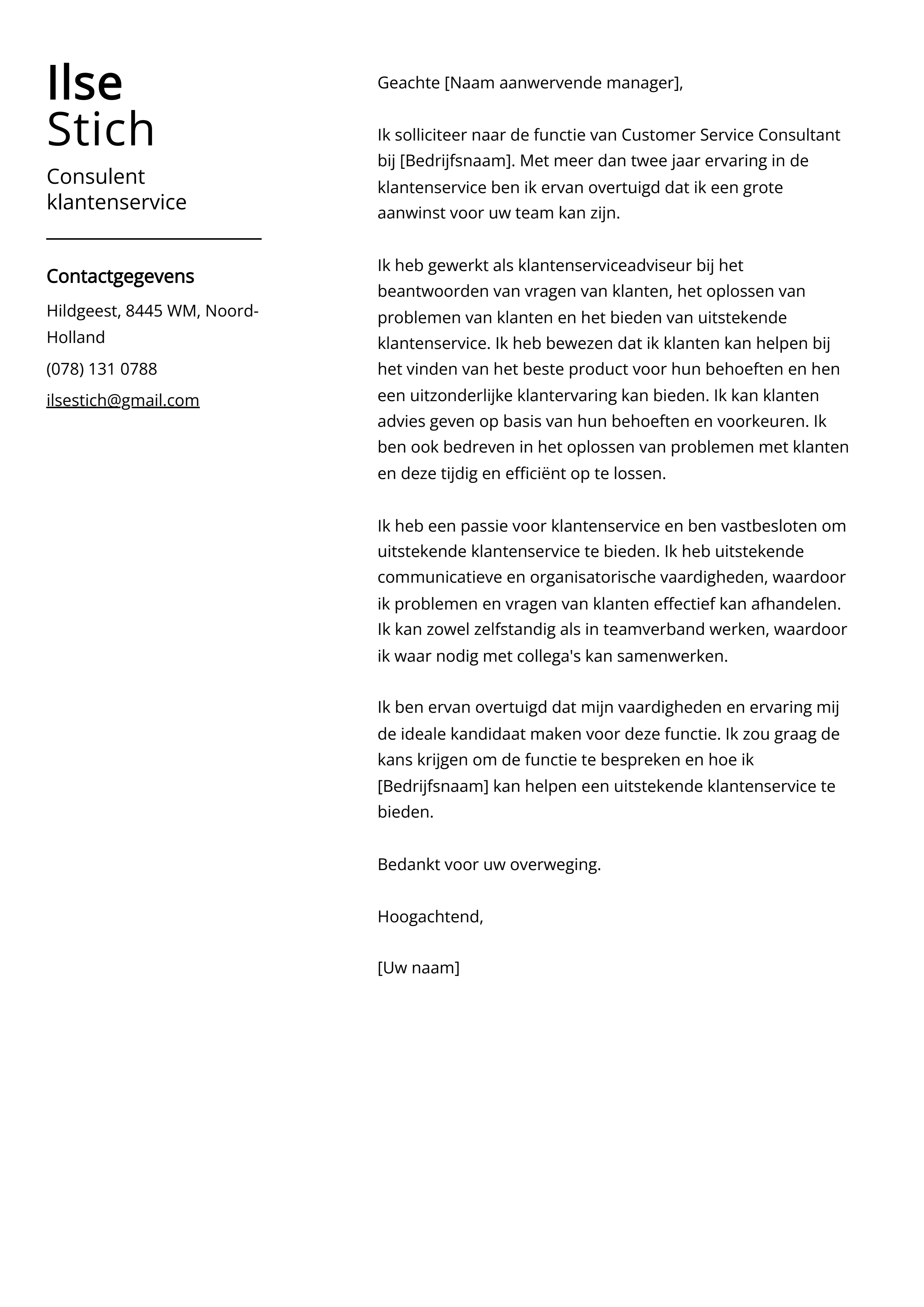 Consulent klantenservice Cover Letter Voorbeeld