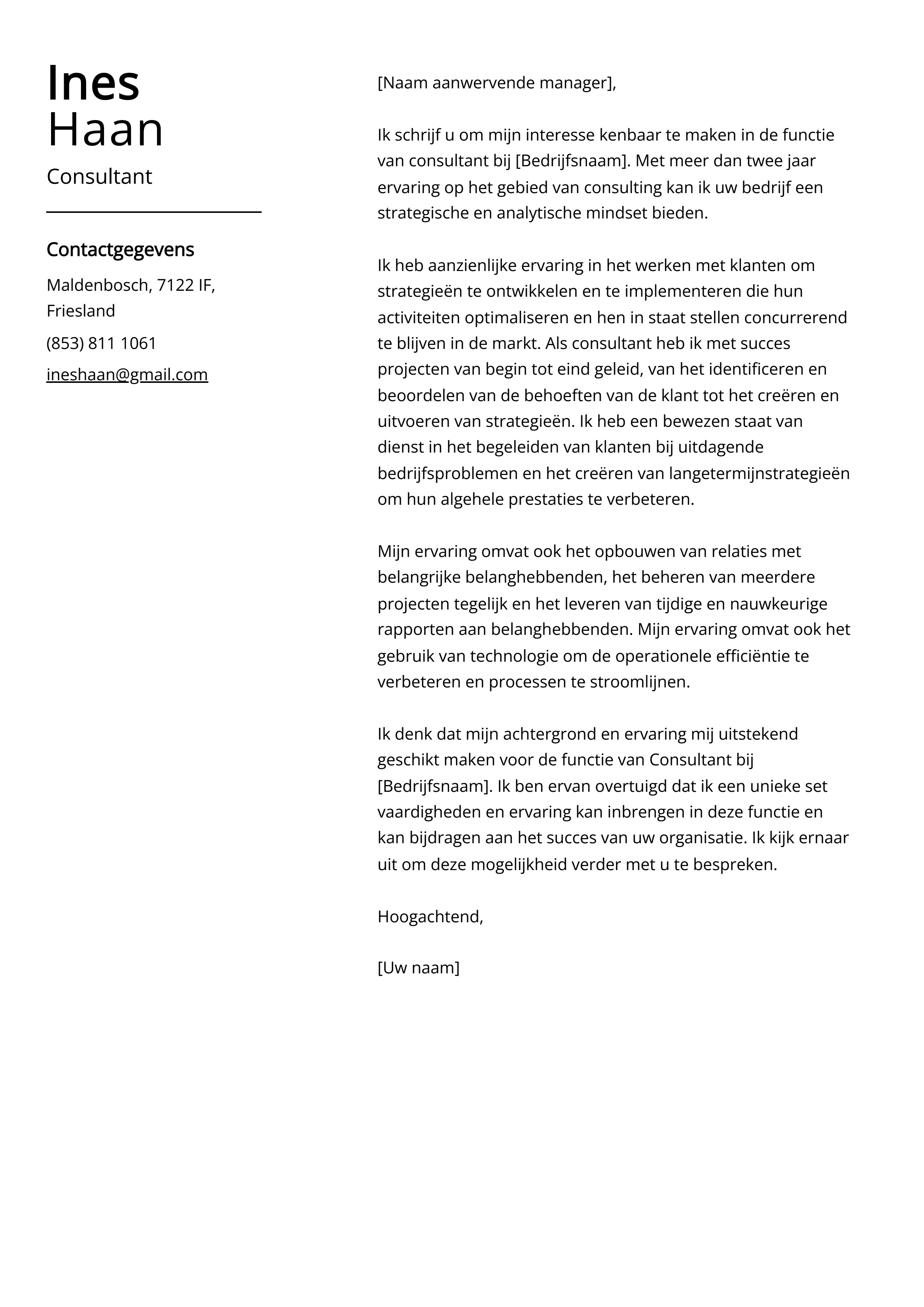 Consultant Voorbeeld sollicitatiebrief