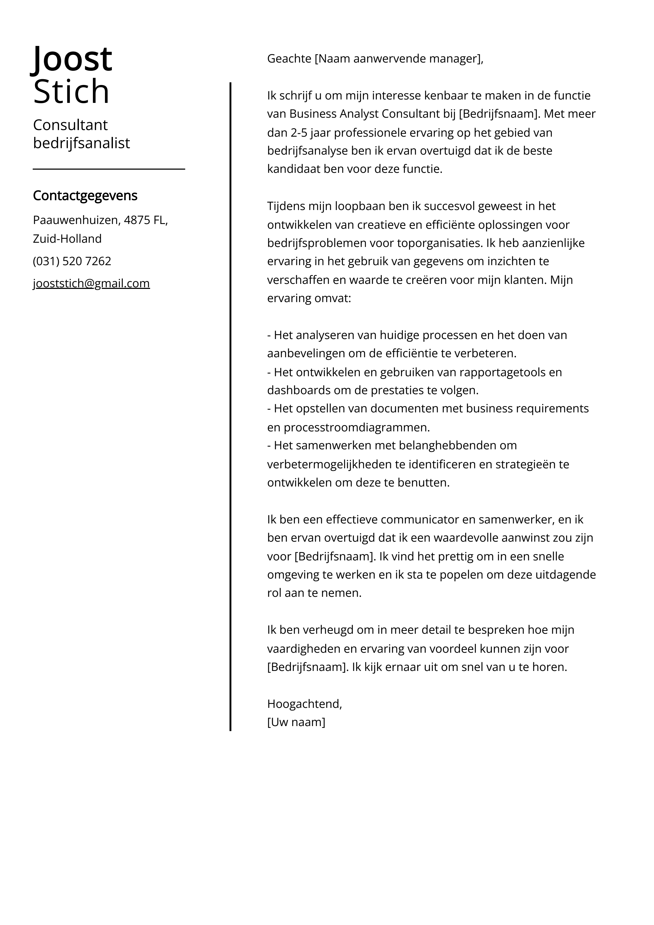 Consultant bedrijfsanalist Cover Letter Voorbeeld