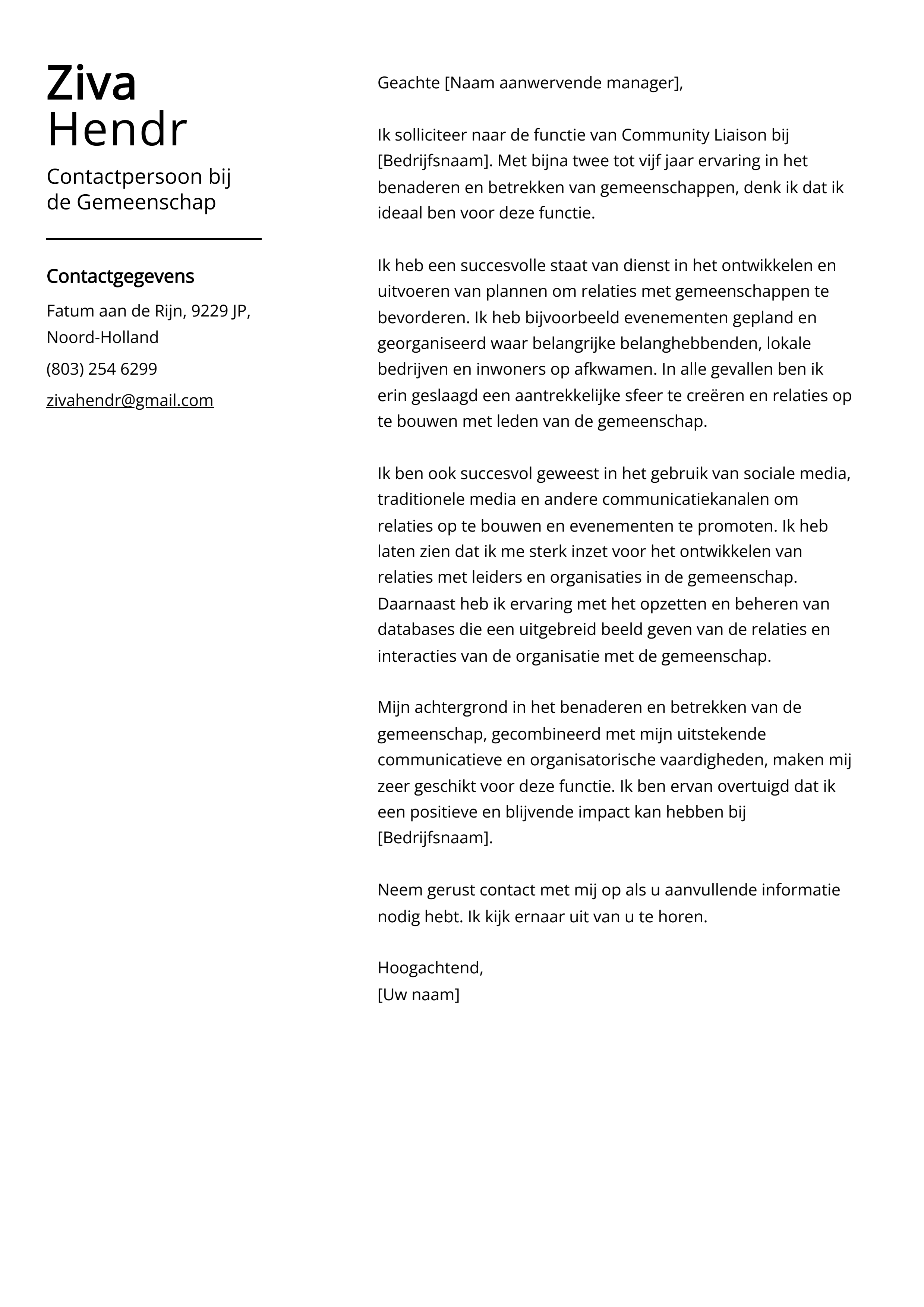 Contactpersoon bij de Gemeenschap Voorbeeld sollicitatiebrief