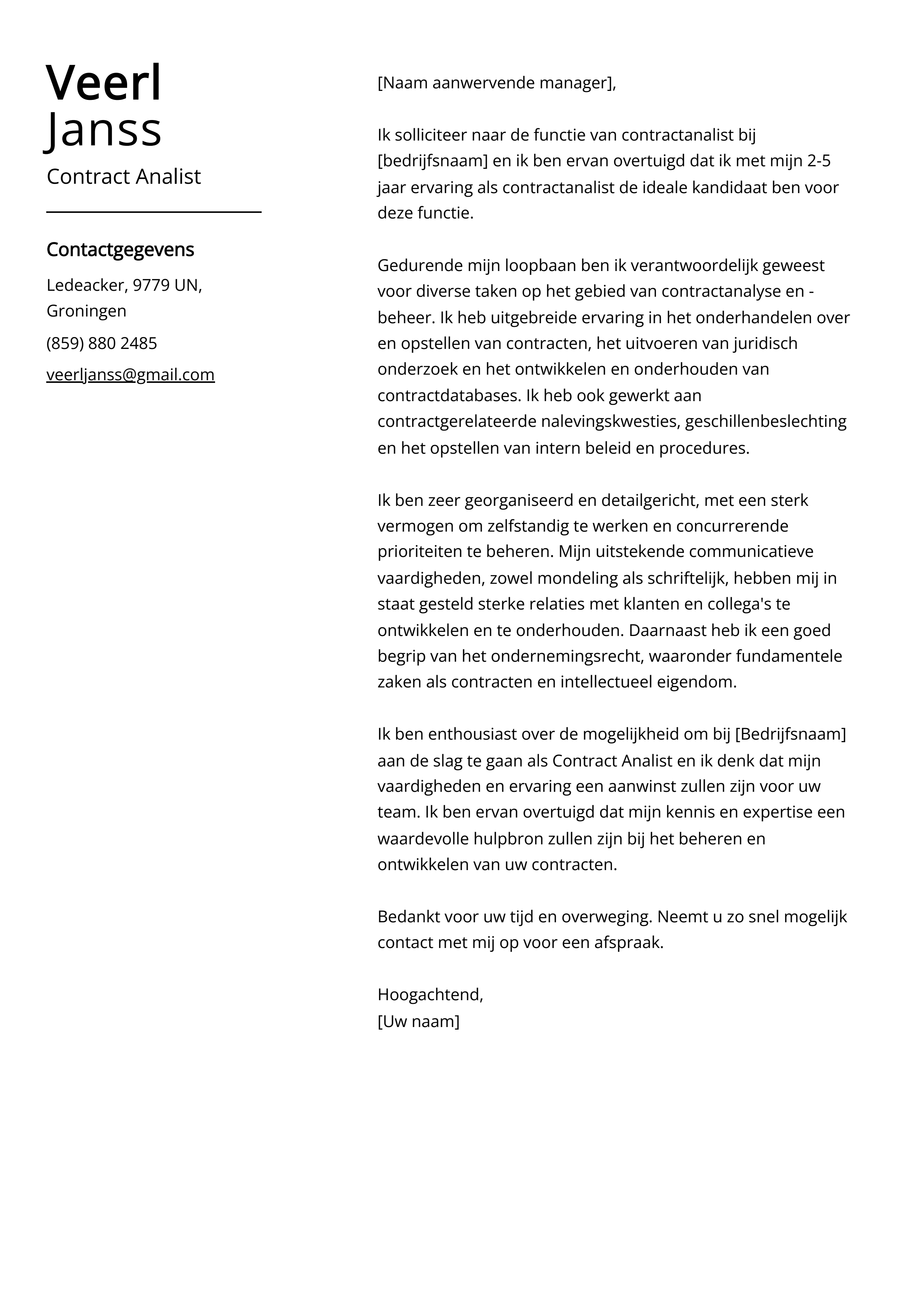 Contract Analist Cover Letter Voorbeeld