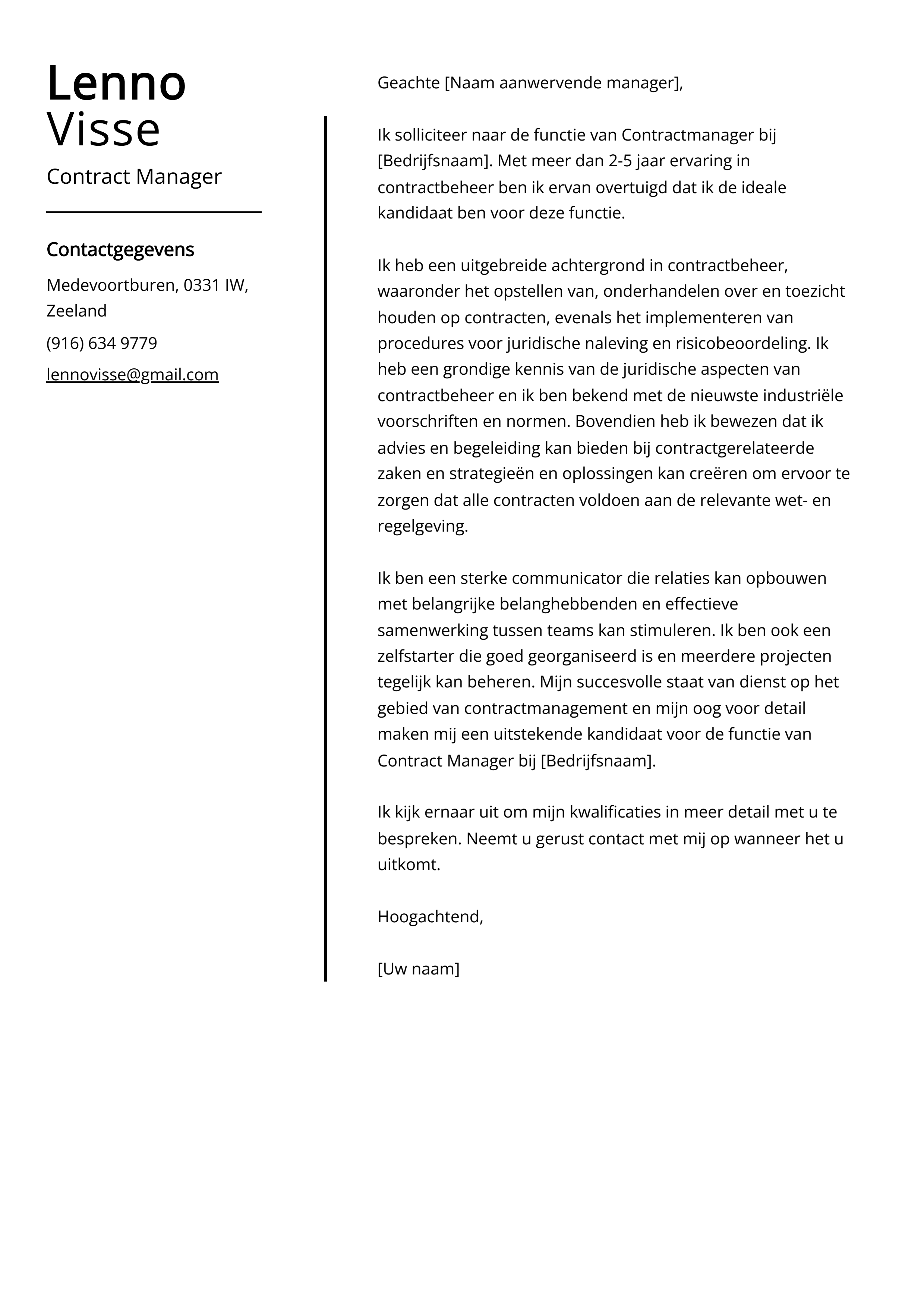 Contract Manager Voorbeeld sollicitatiebrief