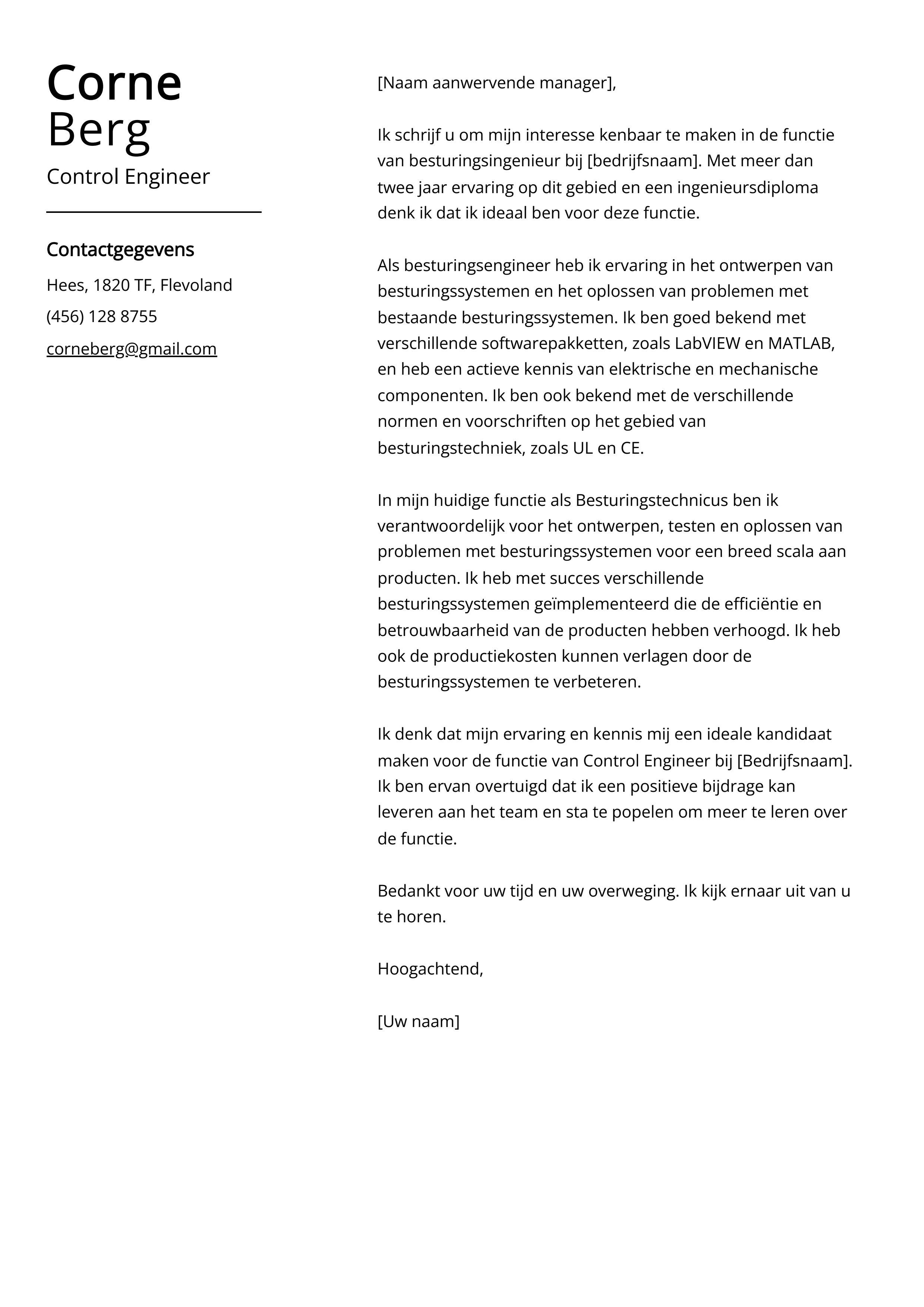 Control Engineer Voorbeeld sollicitatiebrief