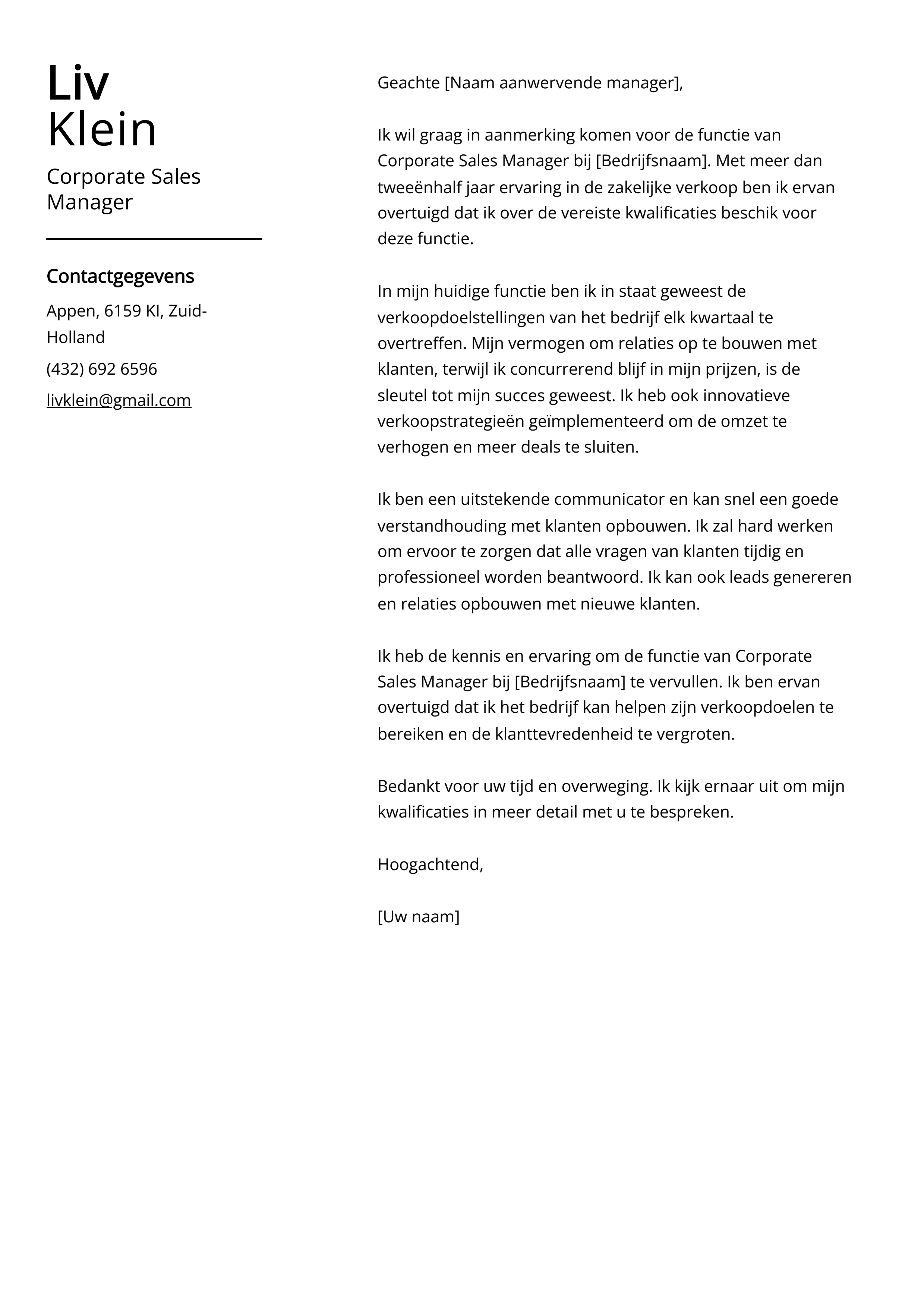 Corporate Sales Manager Voorbeeld sollicitatiebrief