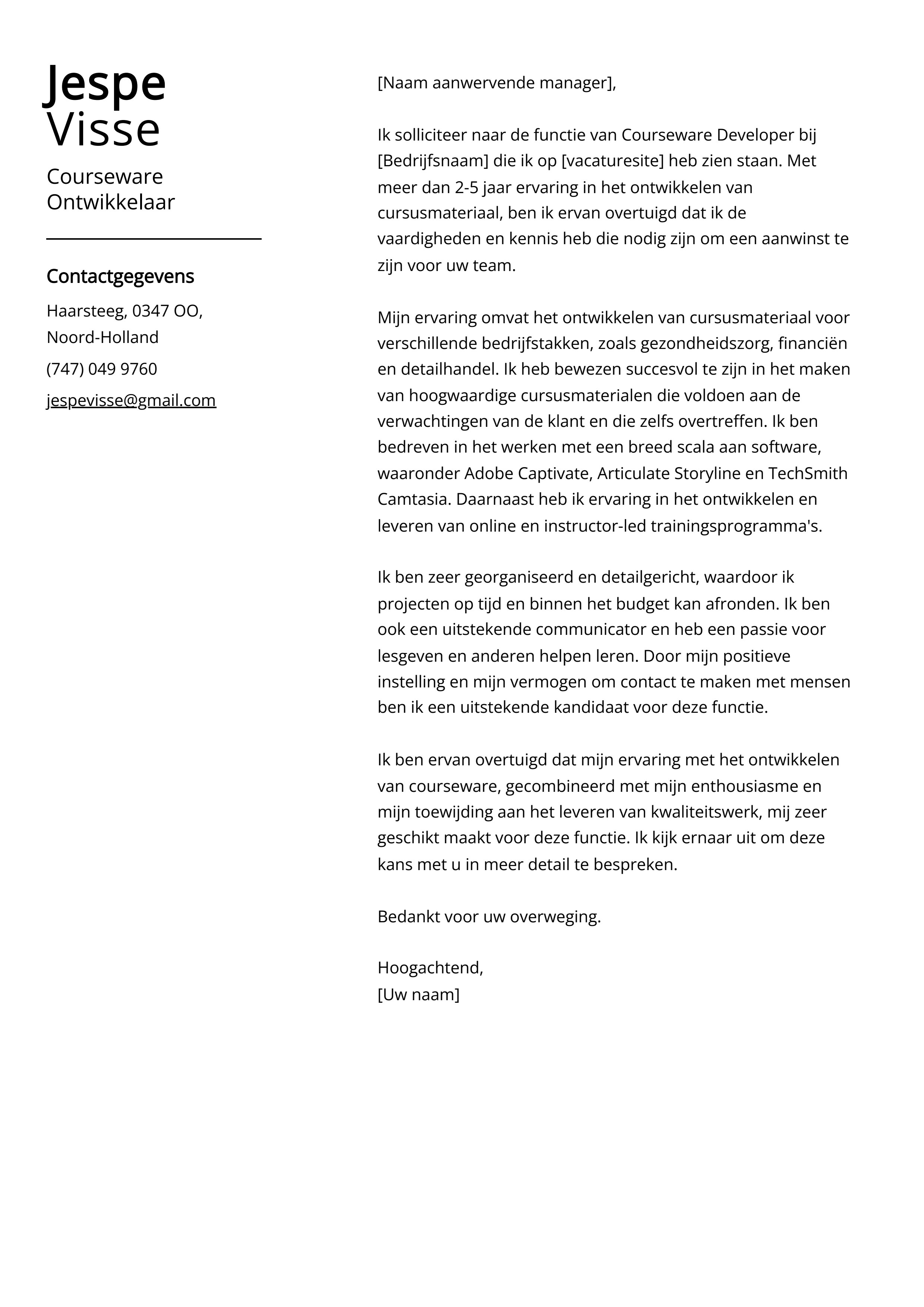 Courseware Ontwikkelaar Cover Letter Voorbeeld