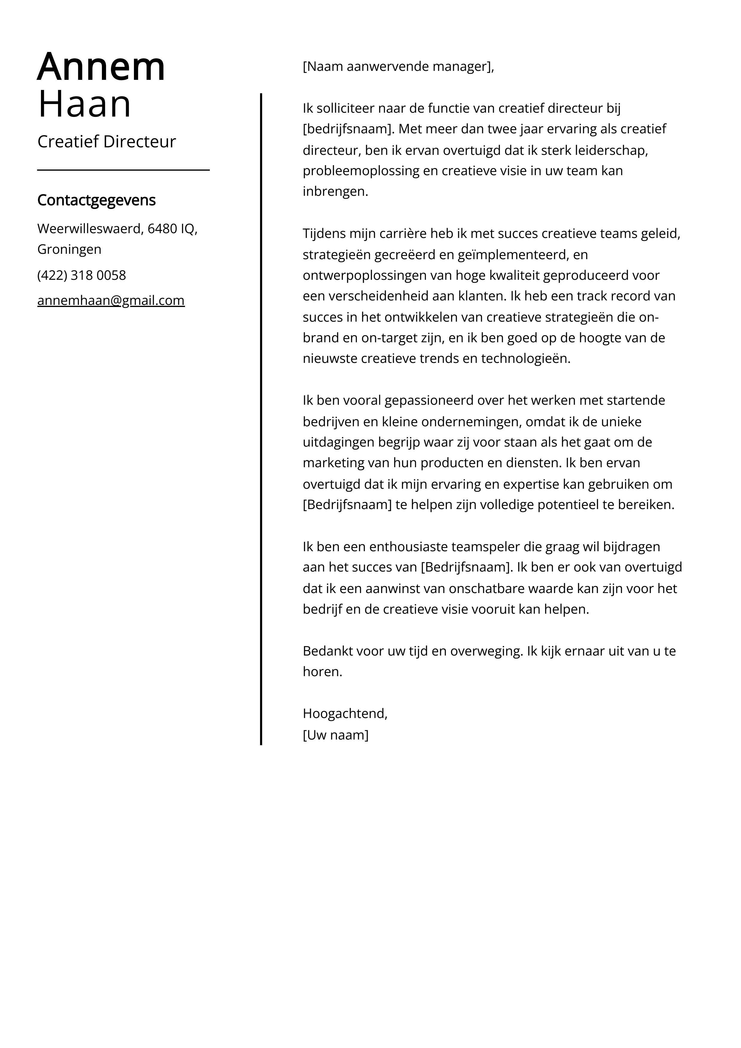 Creatief Directeur Cover Letter Voorbeeld