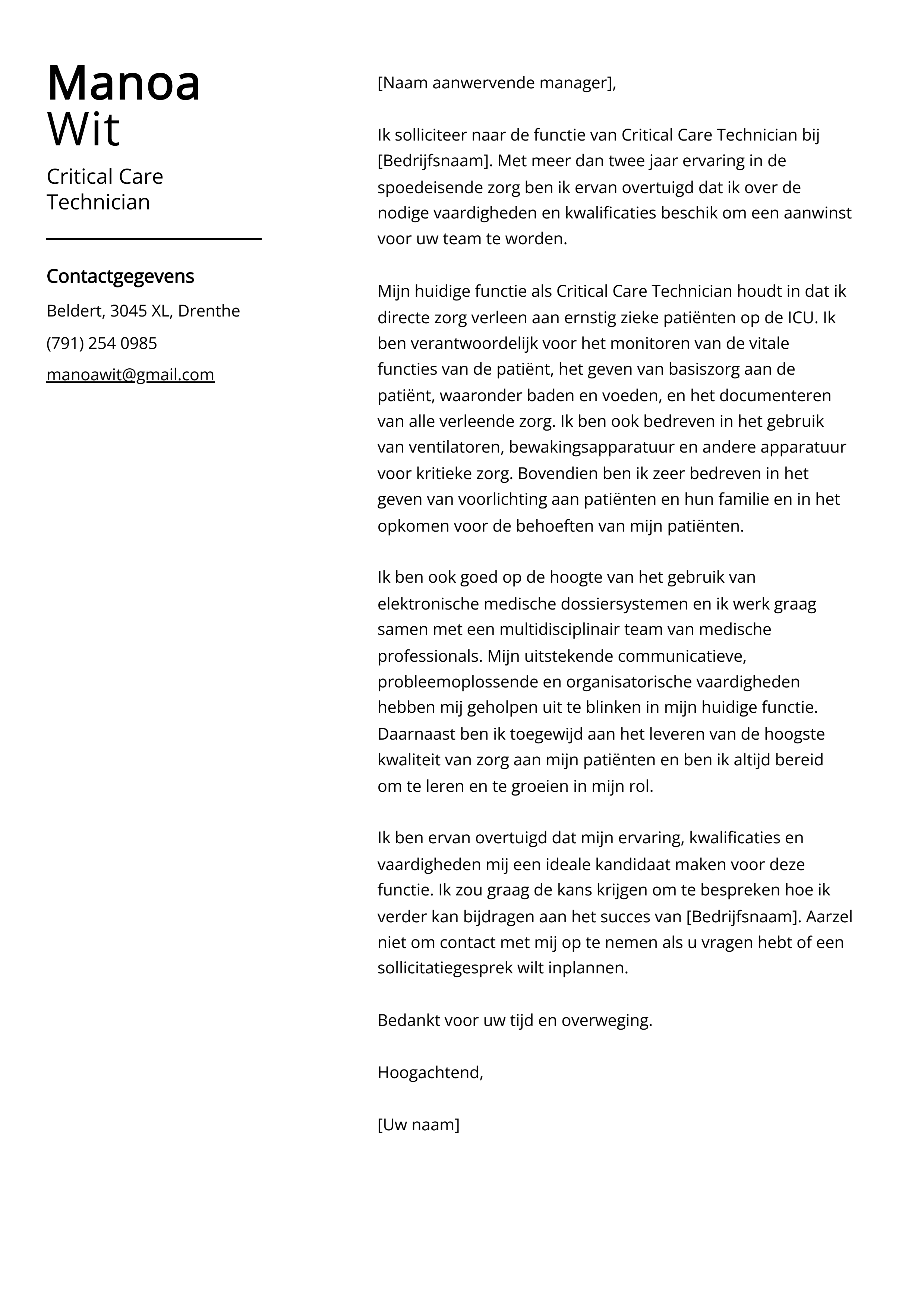 Critical Care Technician Voorbeeld sollicitatiebrief