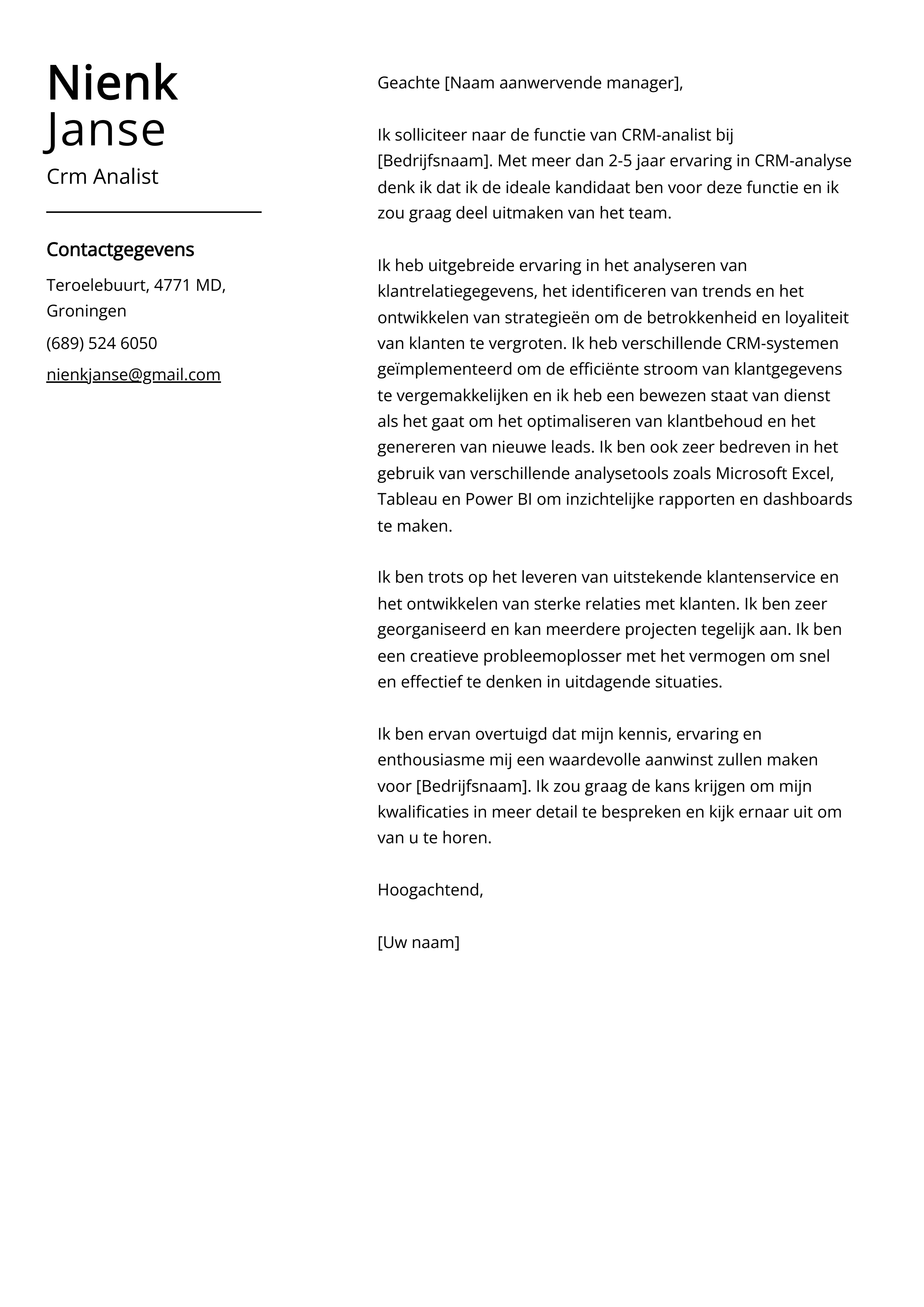 Crm Analist Sollicitatiebrief Voorbeeld