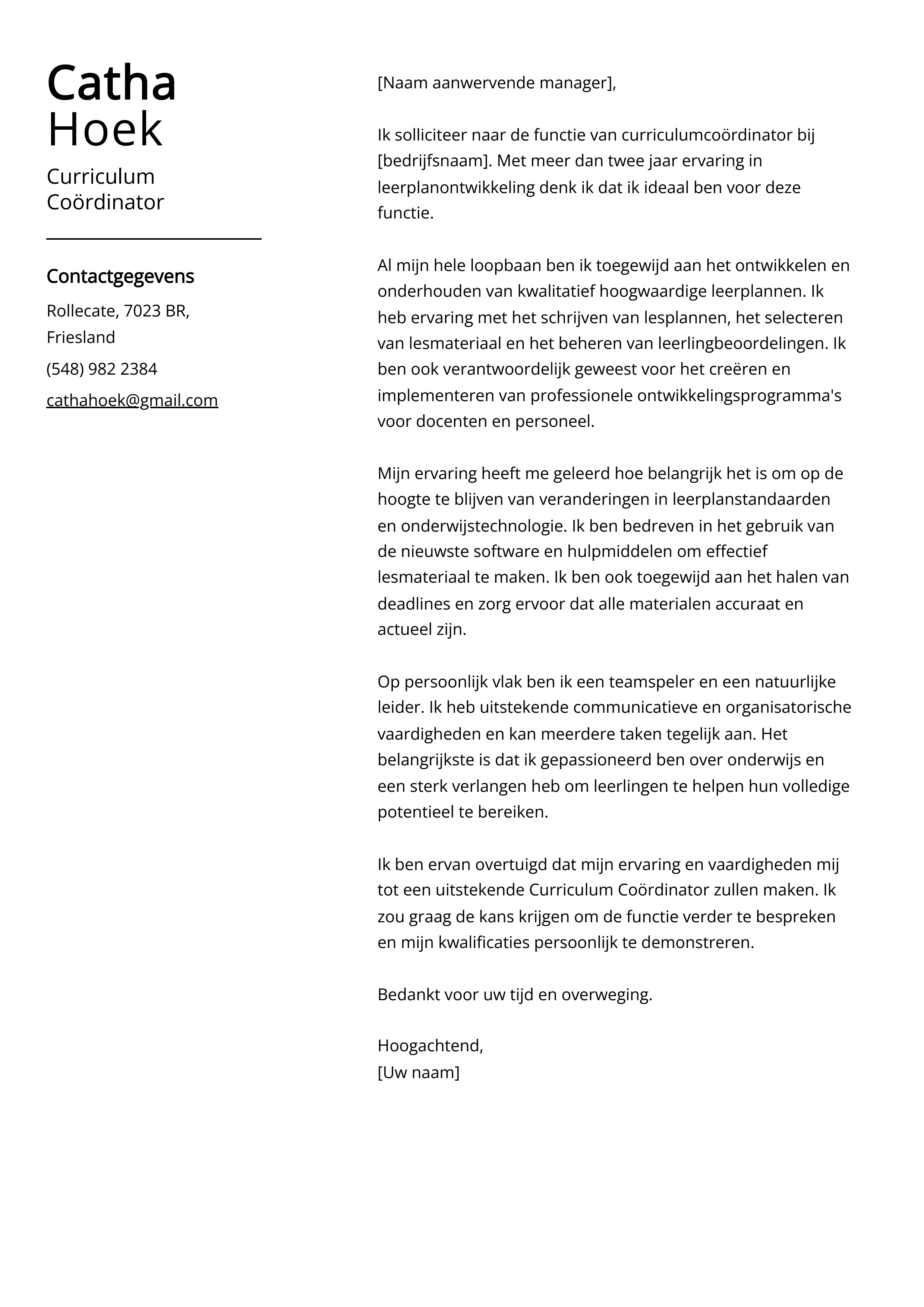 Curriculum Coördinator Voorbeeld sollicitatiebrief