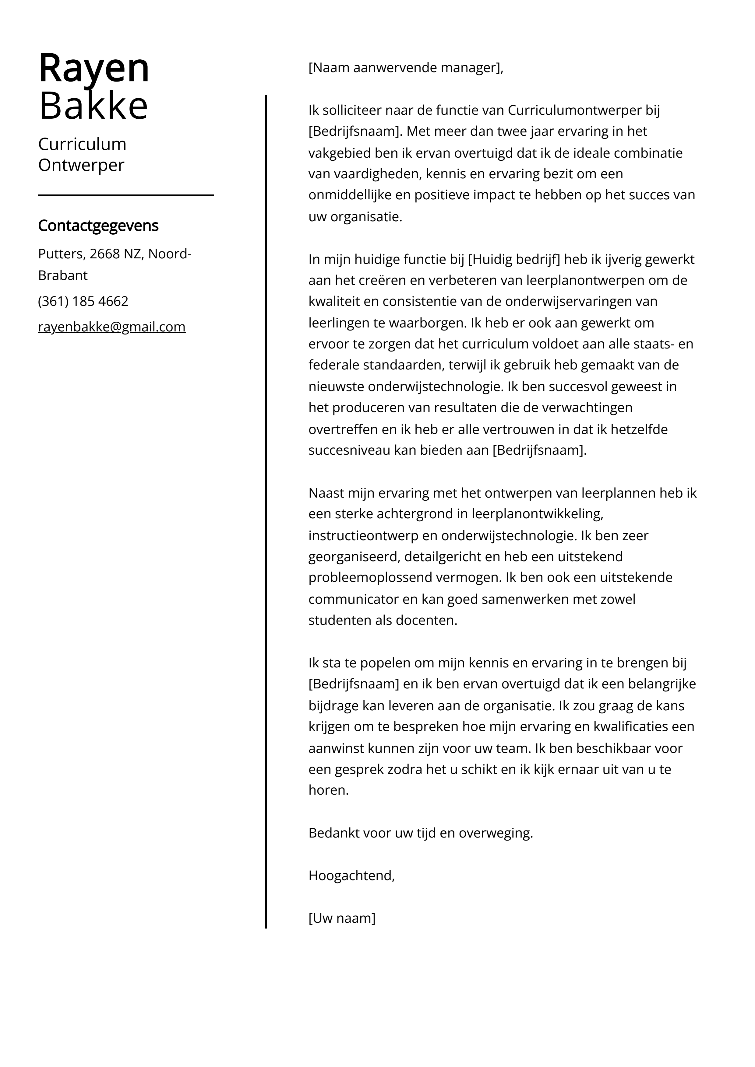 Curriculum Ontwerper Sollicitatiebrief Voorbeeld