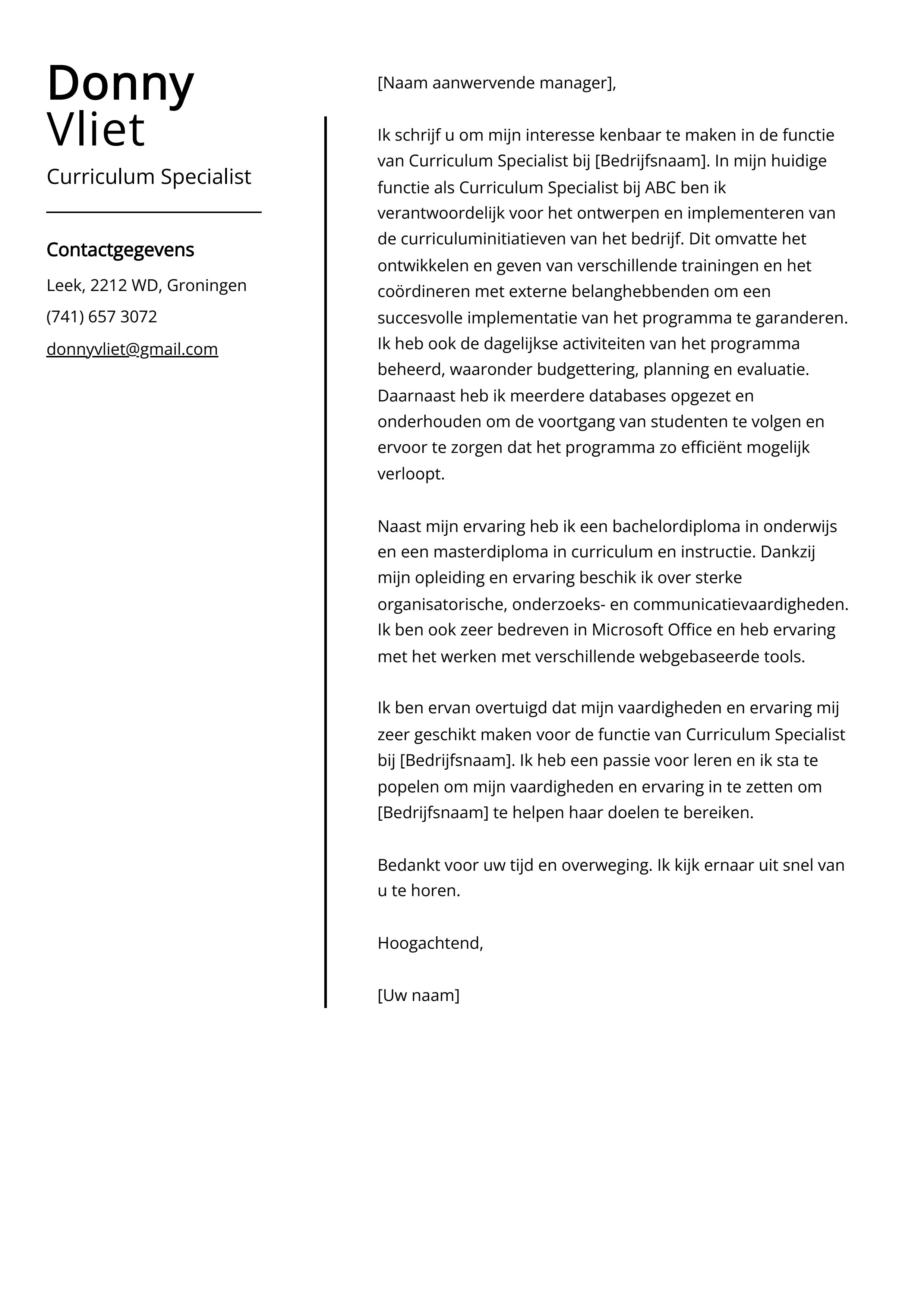 Curriculum Specialist Voorbeeld sollicitatiebrief