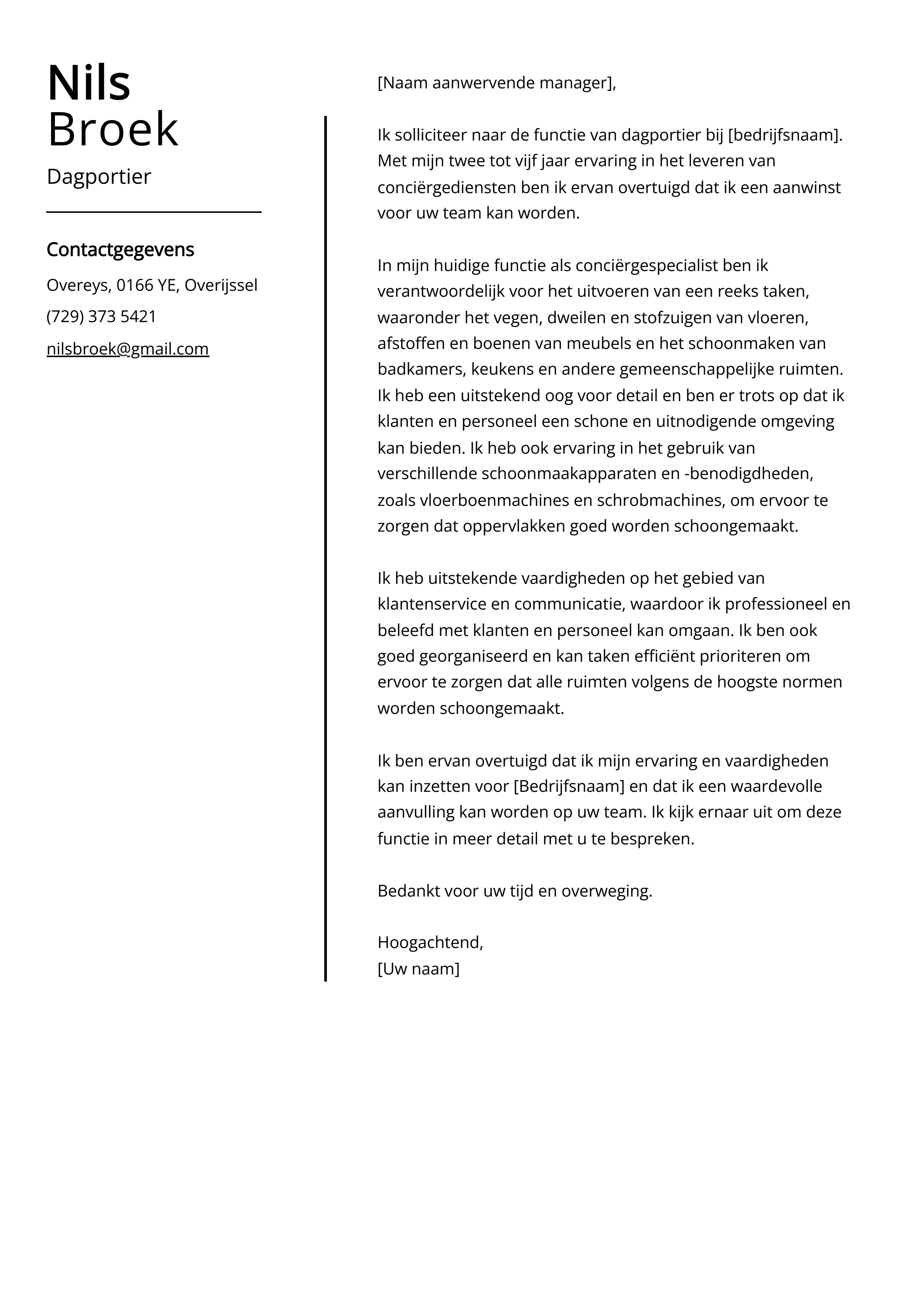 Dagportier Sollicitatiebrief Voorbeeld