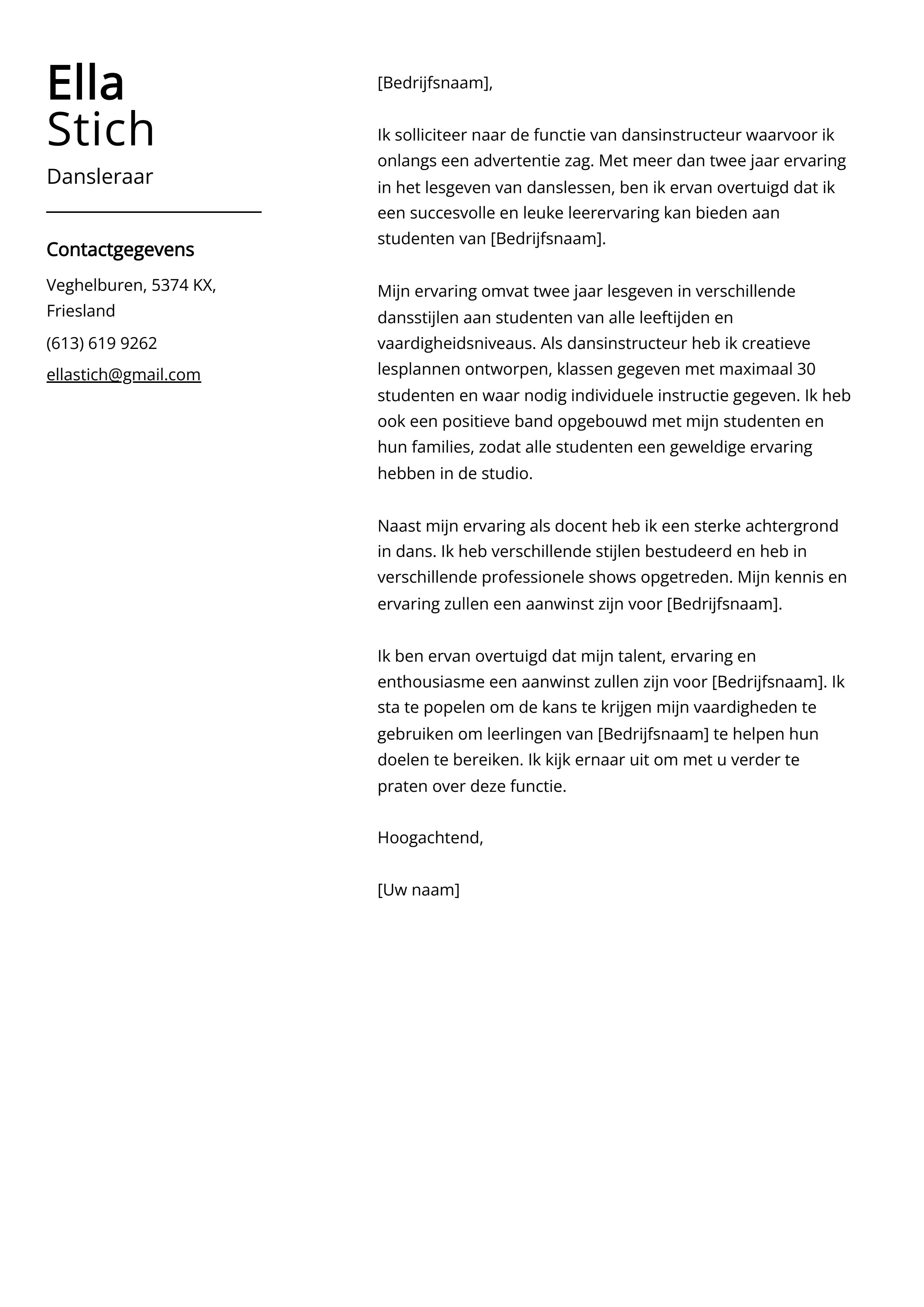 Dansleraar sollicitatiebrief voorbeeld