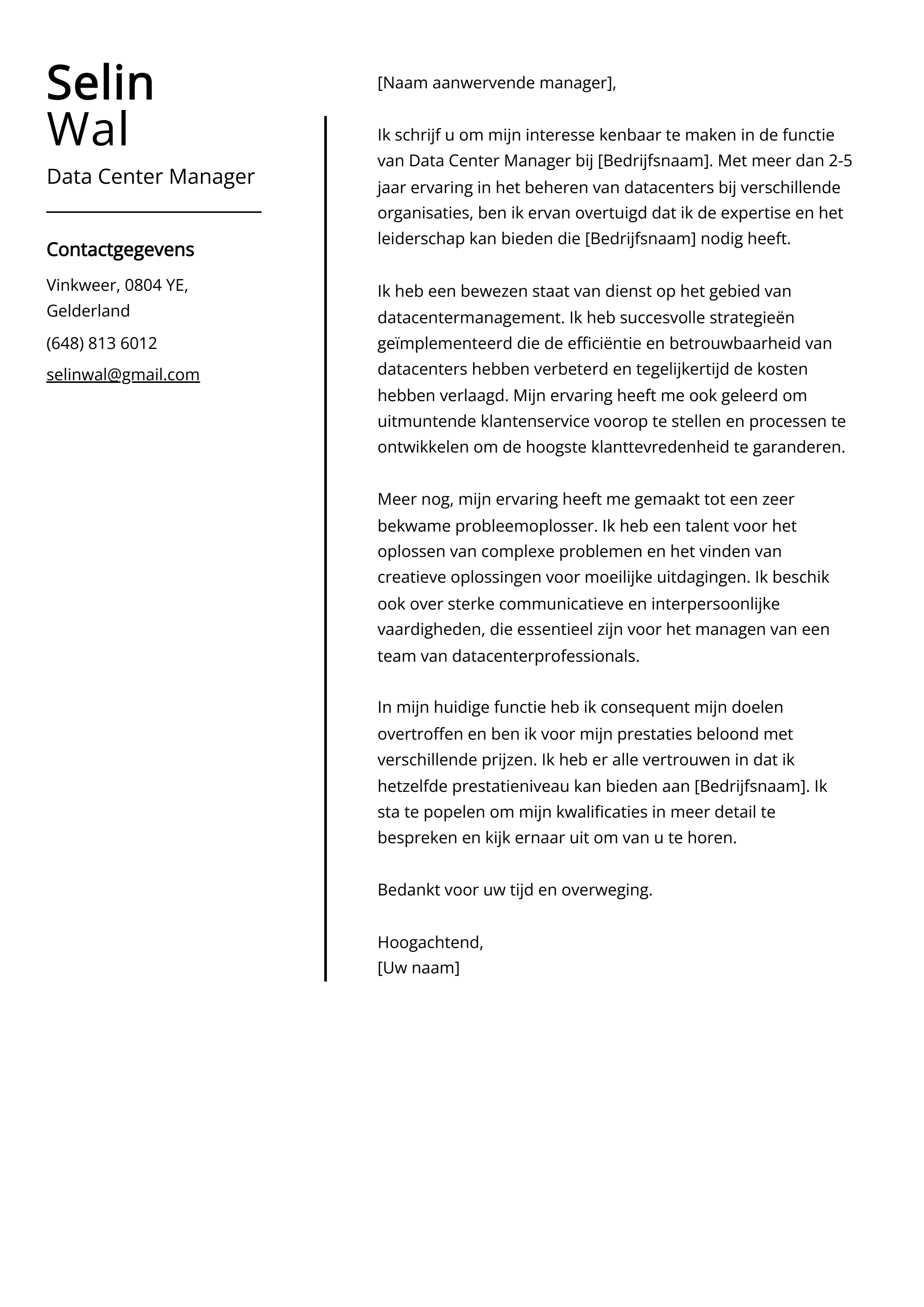 Data Center Manager Voorbeeld sollicitatiebrief