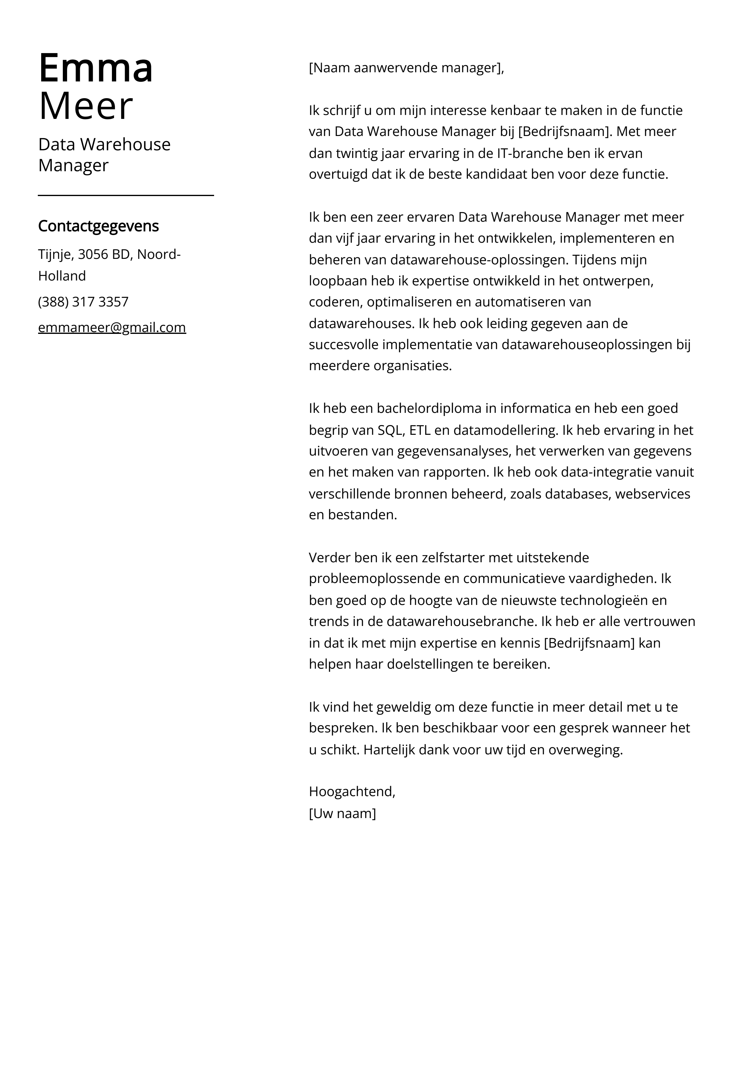 Data Warehouse Manager Voorbeeld sollicitatiebrief