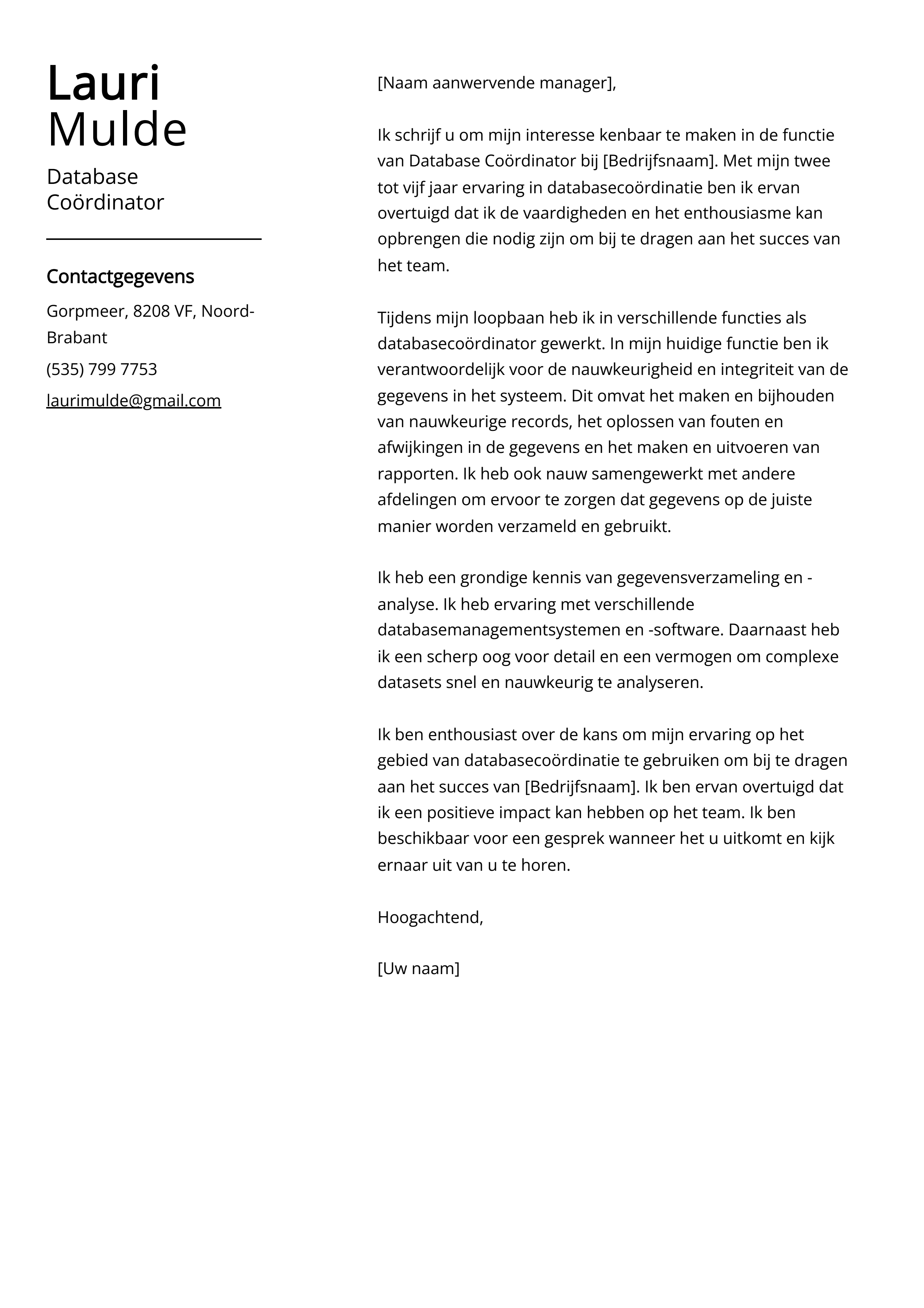 Database Coördinator Voorbeeld sollicitatiebrief