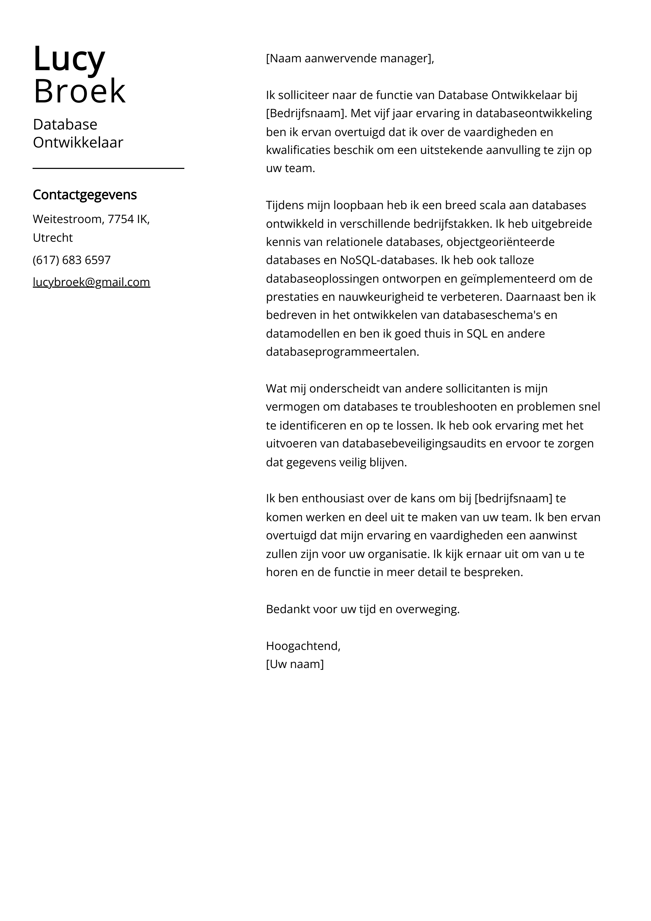 Database Ontwikkelaar Voorbeeld sollicitatiebrief