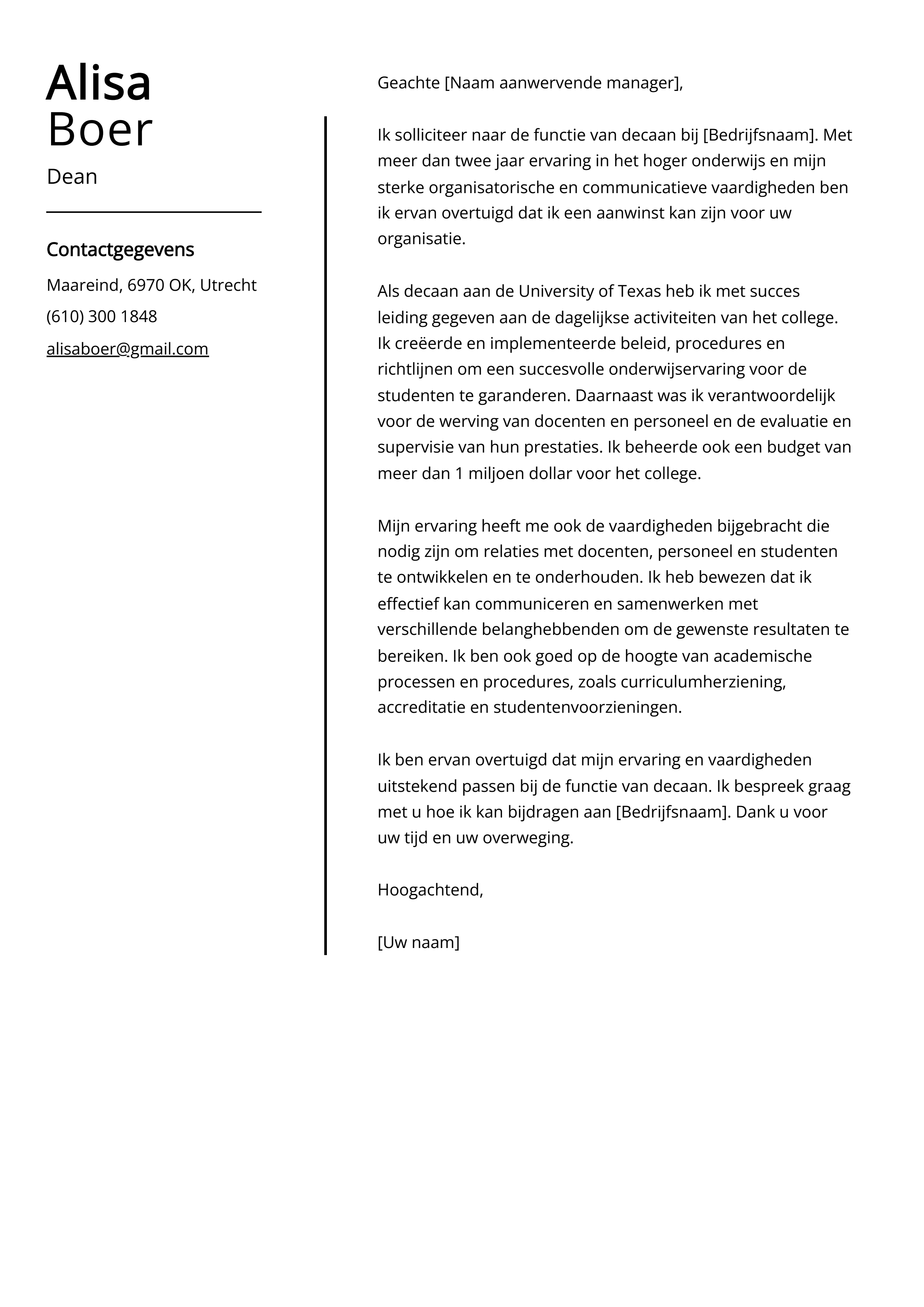 Dean Voorbeeld sollicitatiebrief