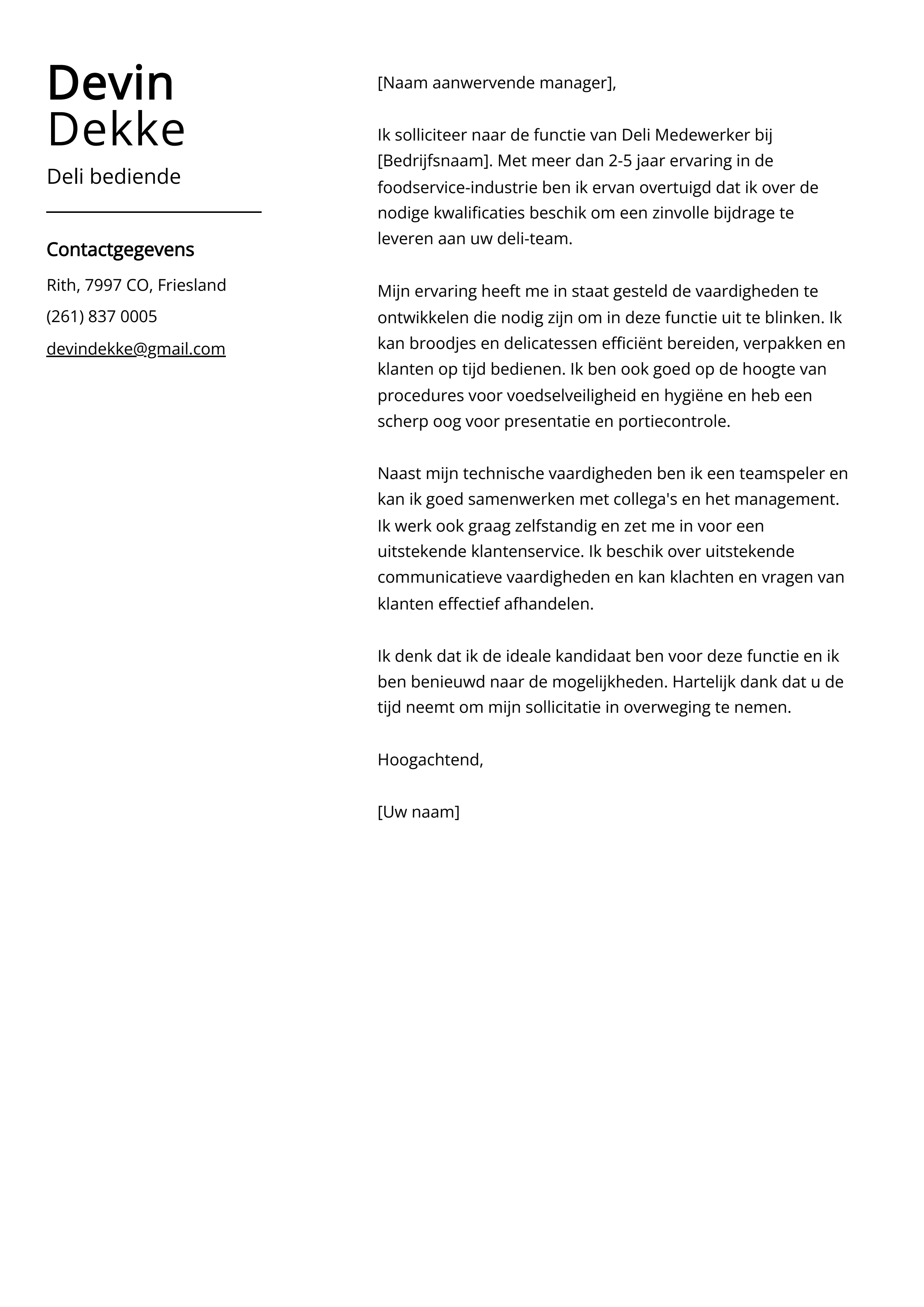 Deli bediende Sollicitatiebrief Voorbeeld