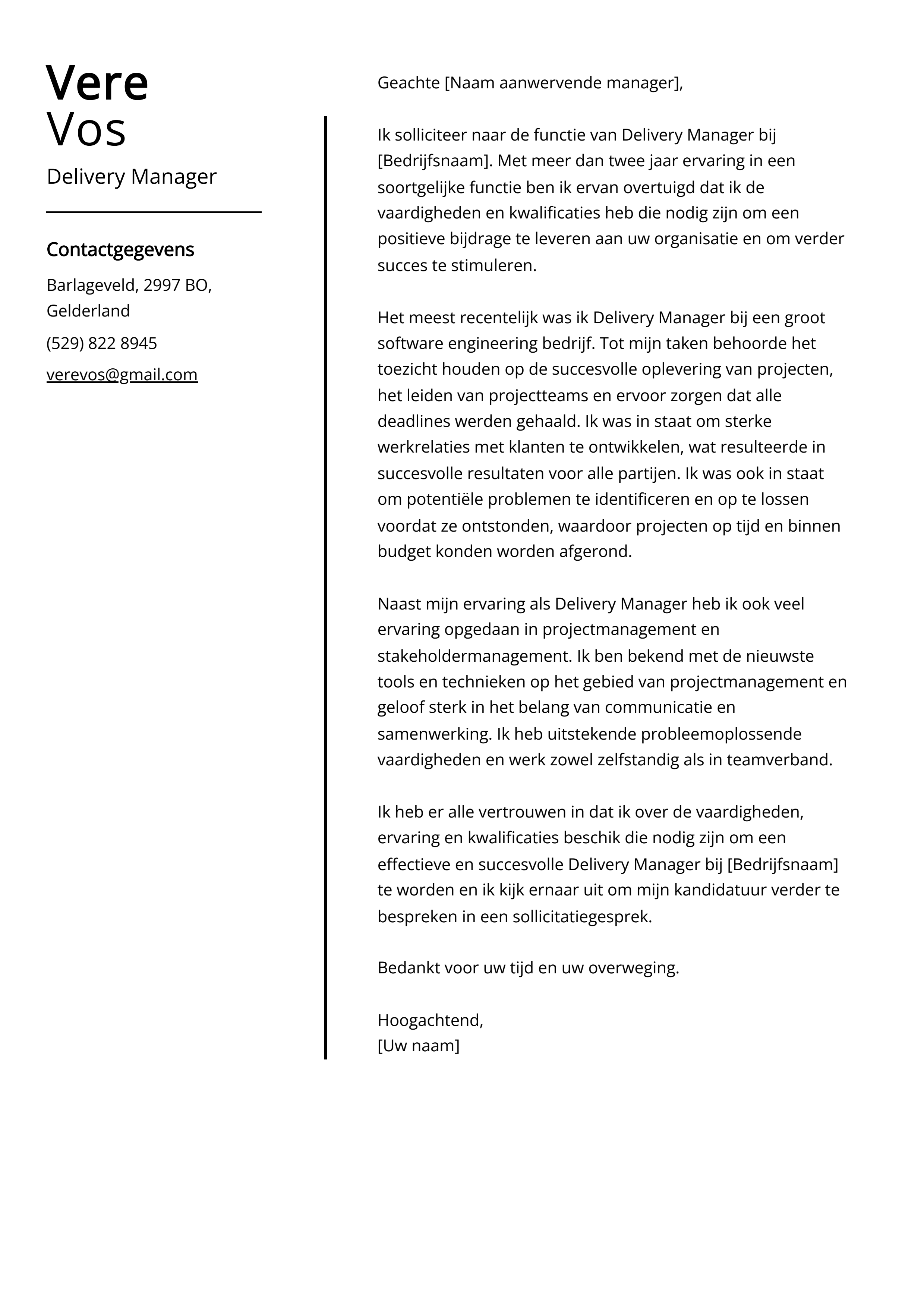 Delivery Manager Voorbeeld sollicitatiebrief