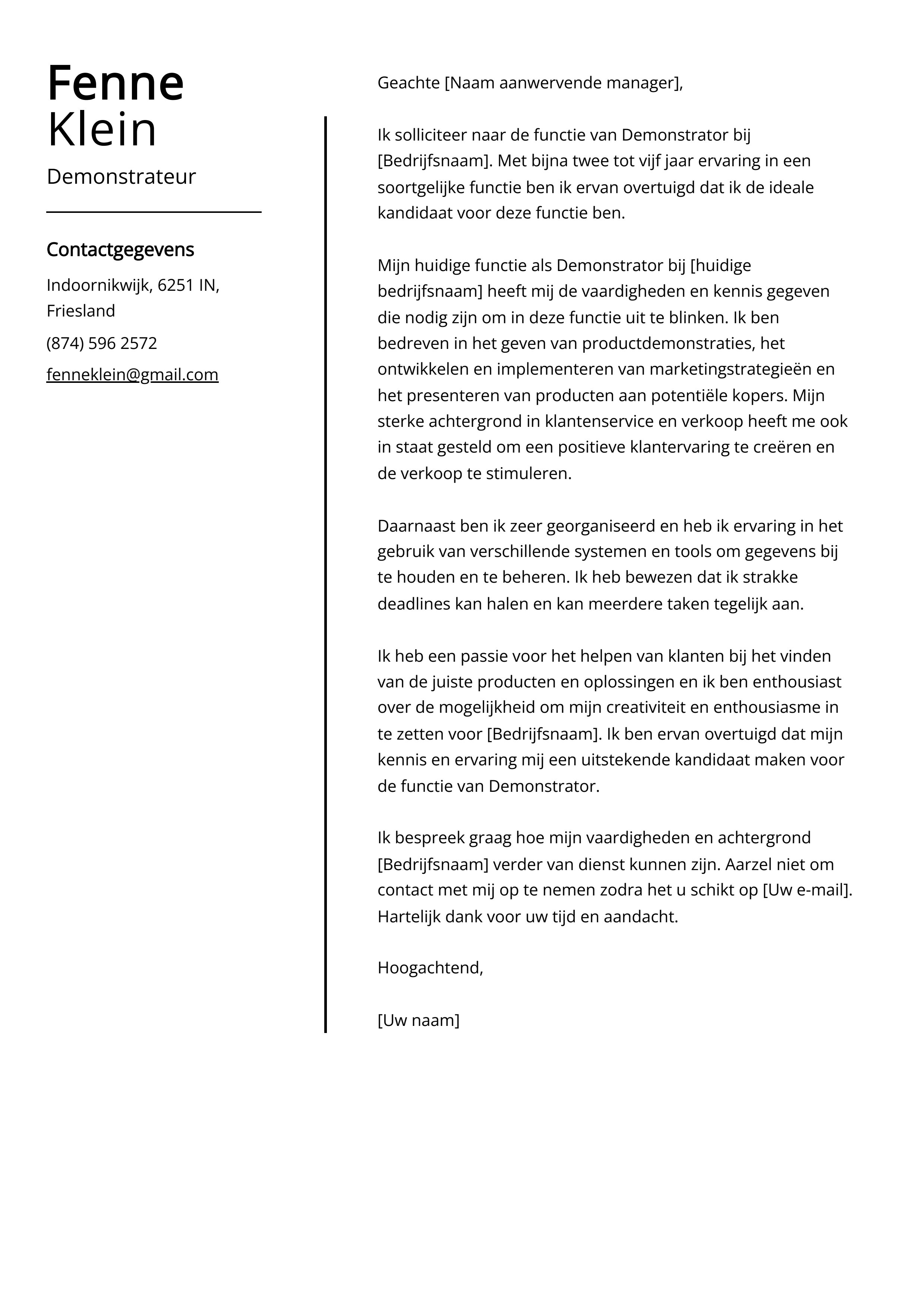 Voorbeeld sollicitatiebrief demonstrateur