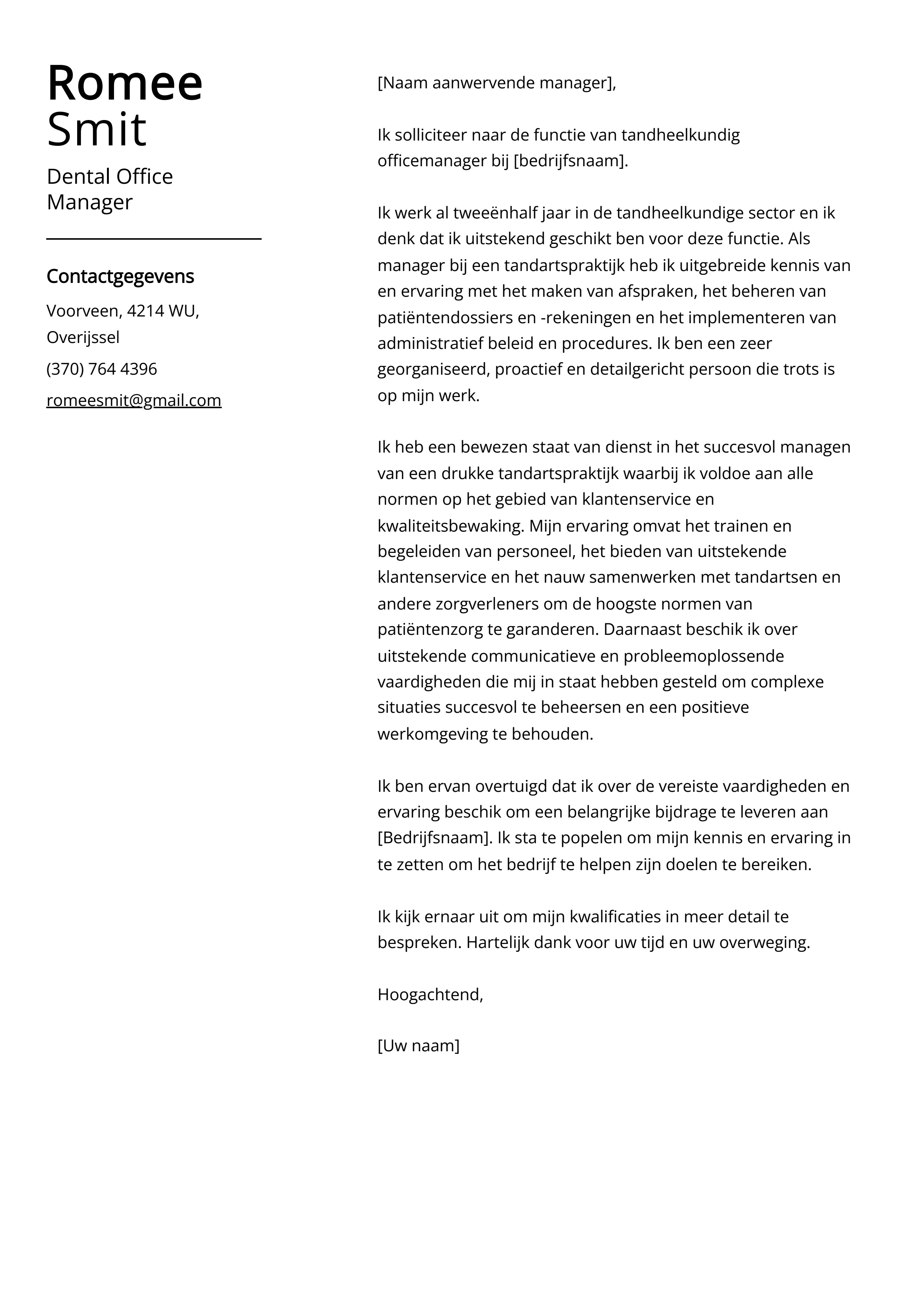 Dental Office Manager Voorbeeld sollicitatiebrief