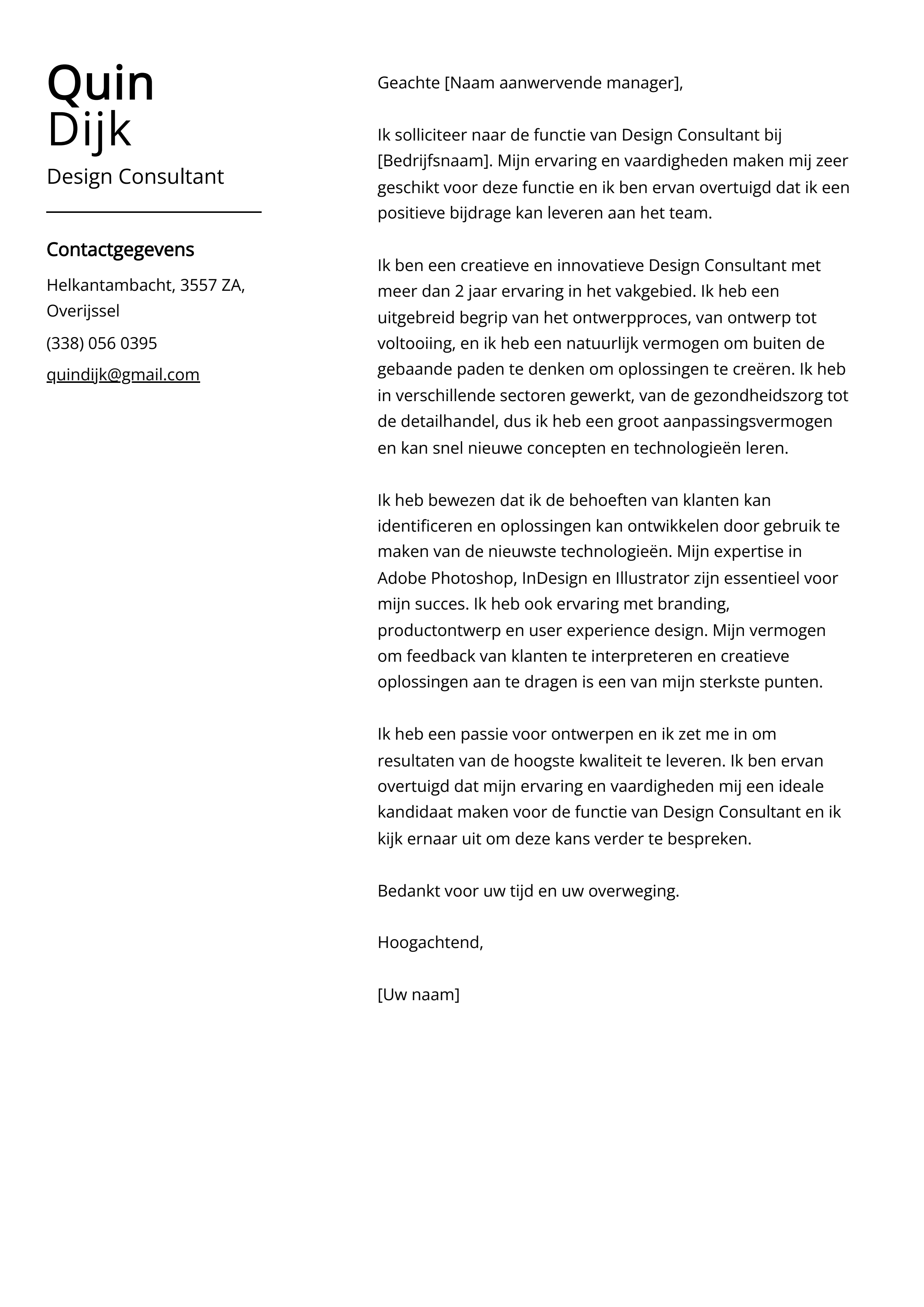 Design Consultant Voorbeeld sollicitatiebrief