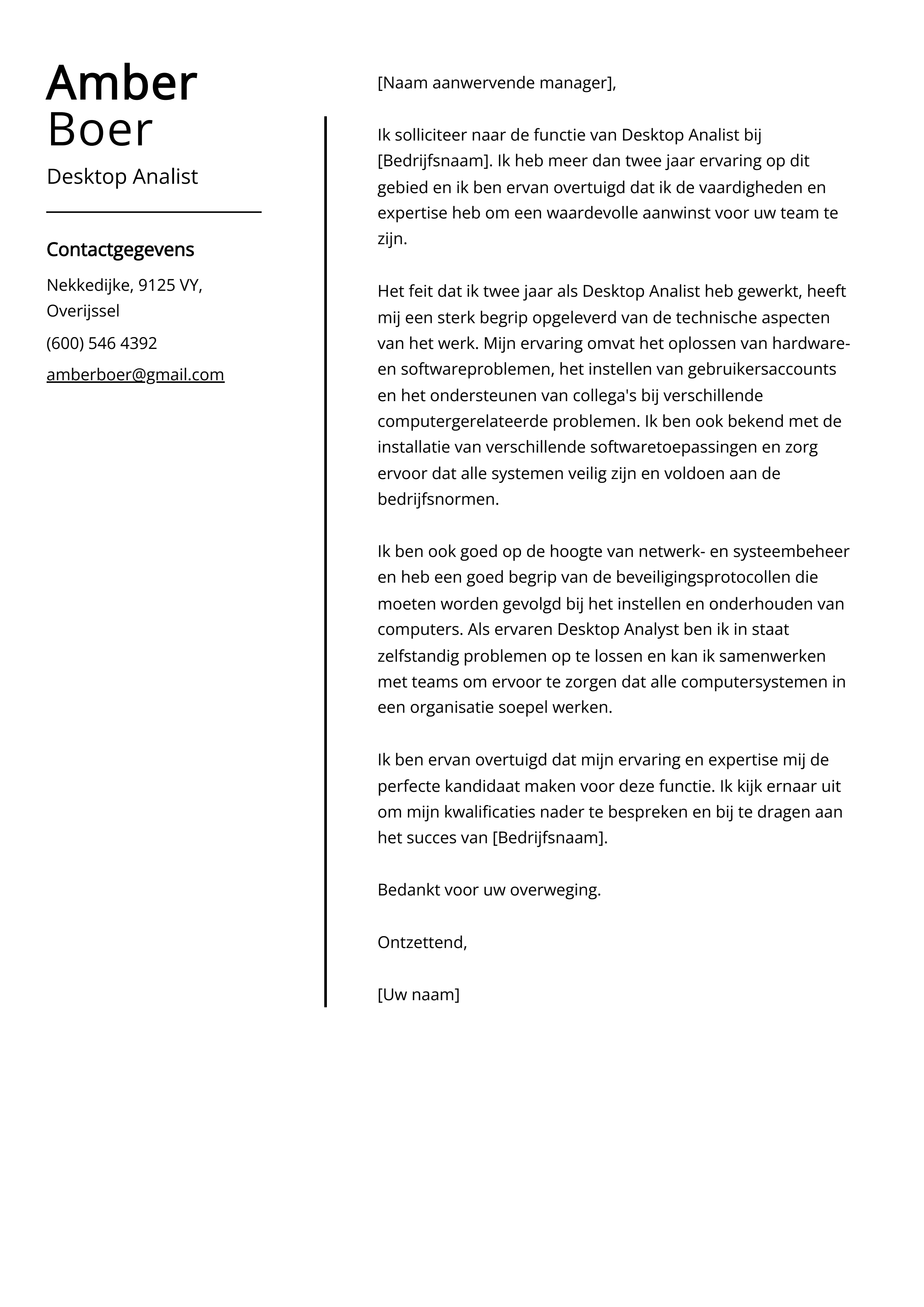 Desktop Analist Sollicitatiebrief Voorbeeld