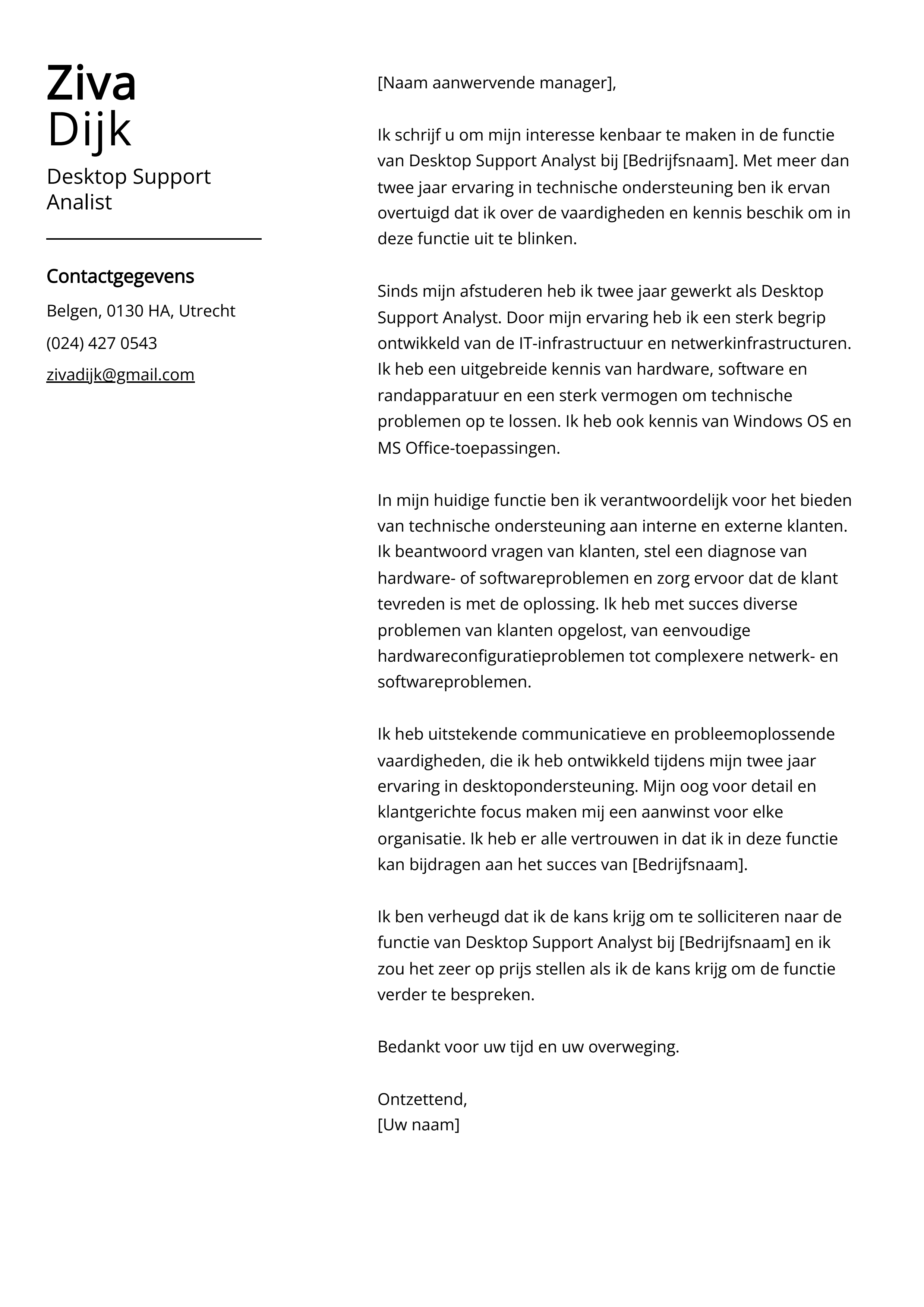 Desktop Support Analist Sollicitatiebrief Voorbeeld