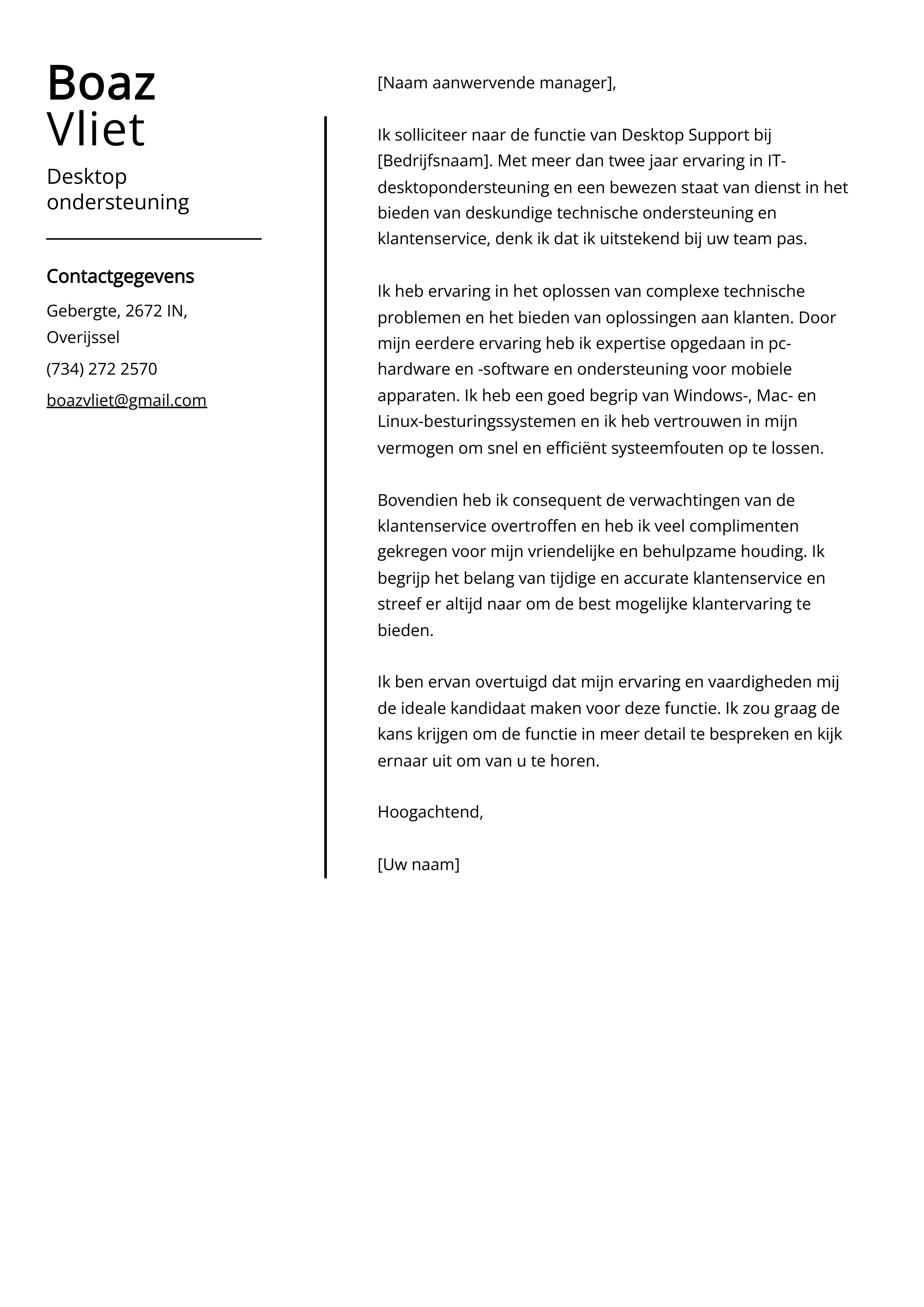 Desktop ondersteuning Cover Letter Voorbeeld