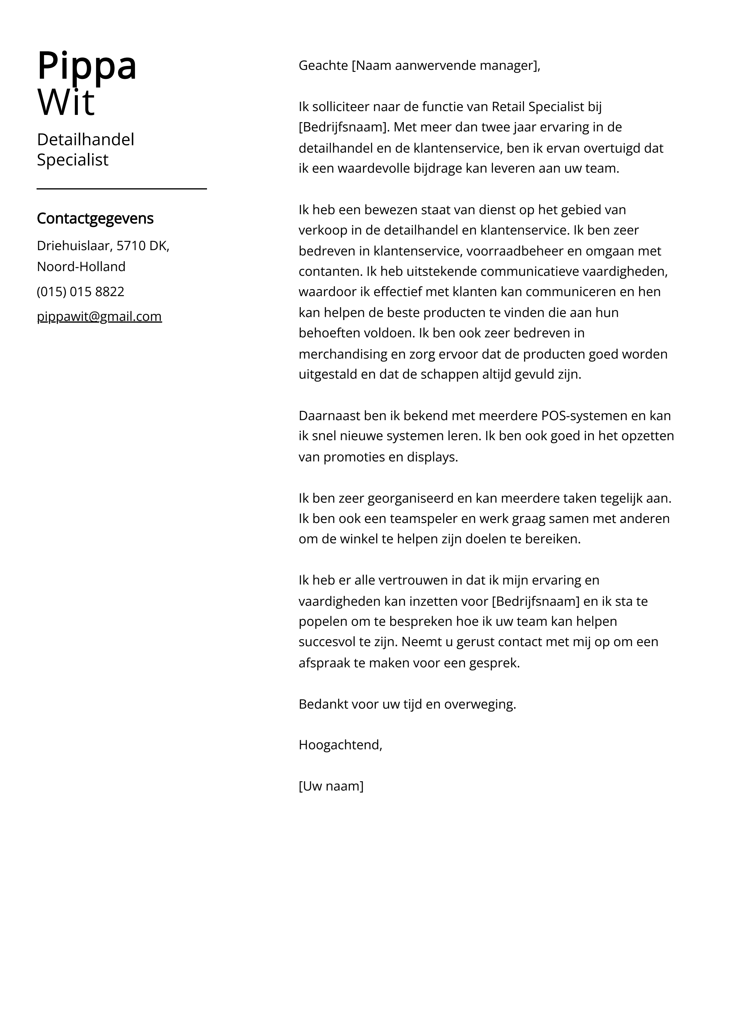 Detailhandel Specialist Cover Letter Voorbeeld