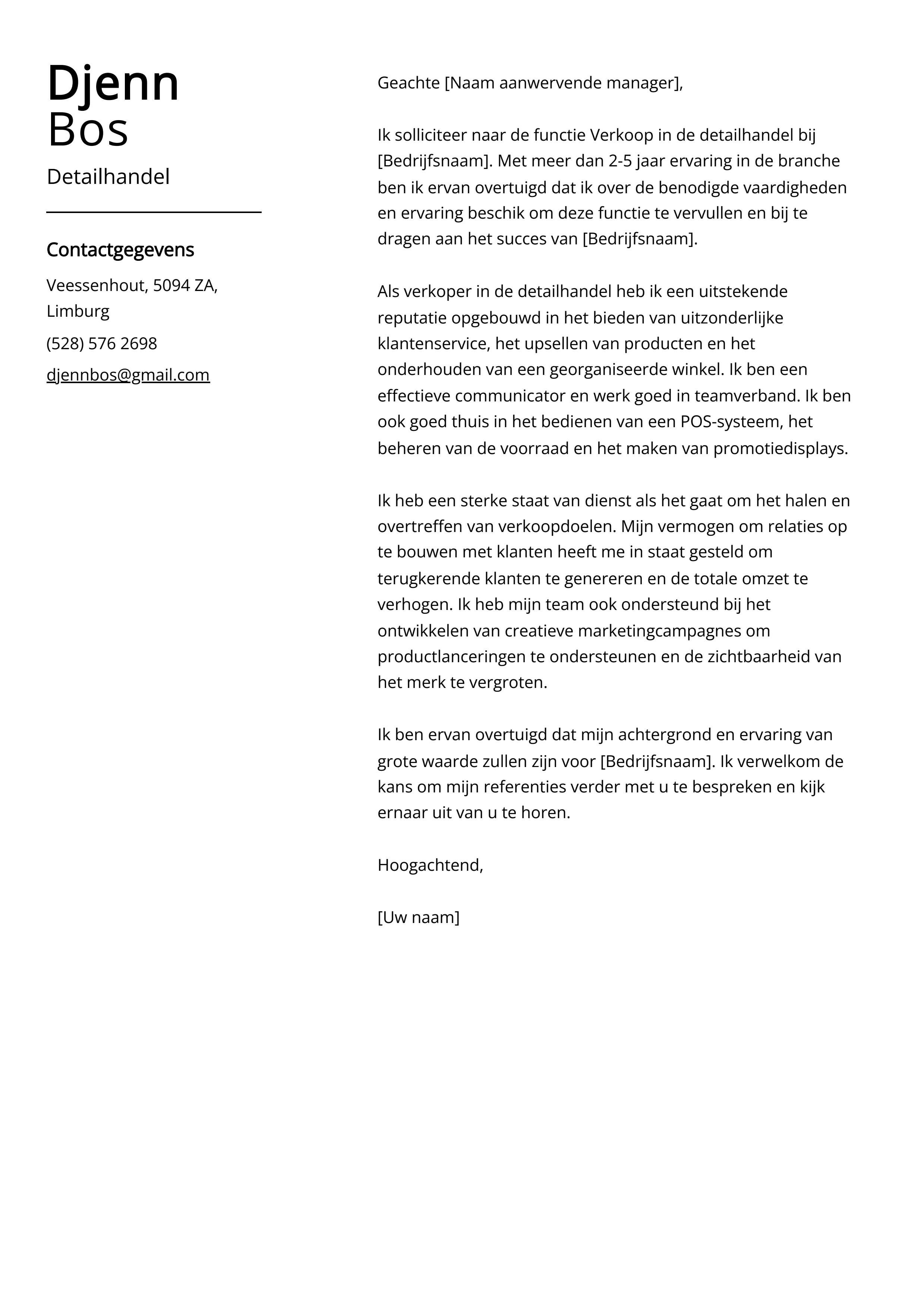 Detailhandel sollicitatiebrief voorbeeld