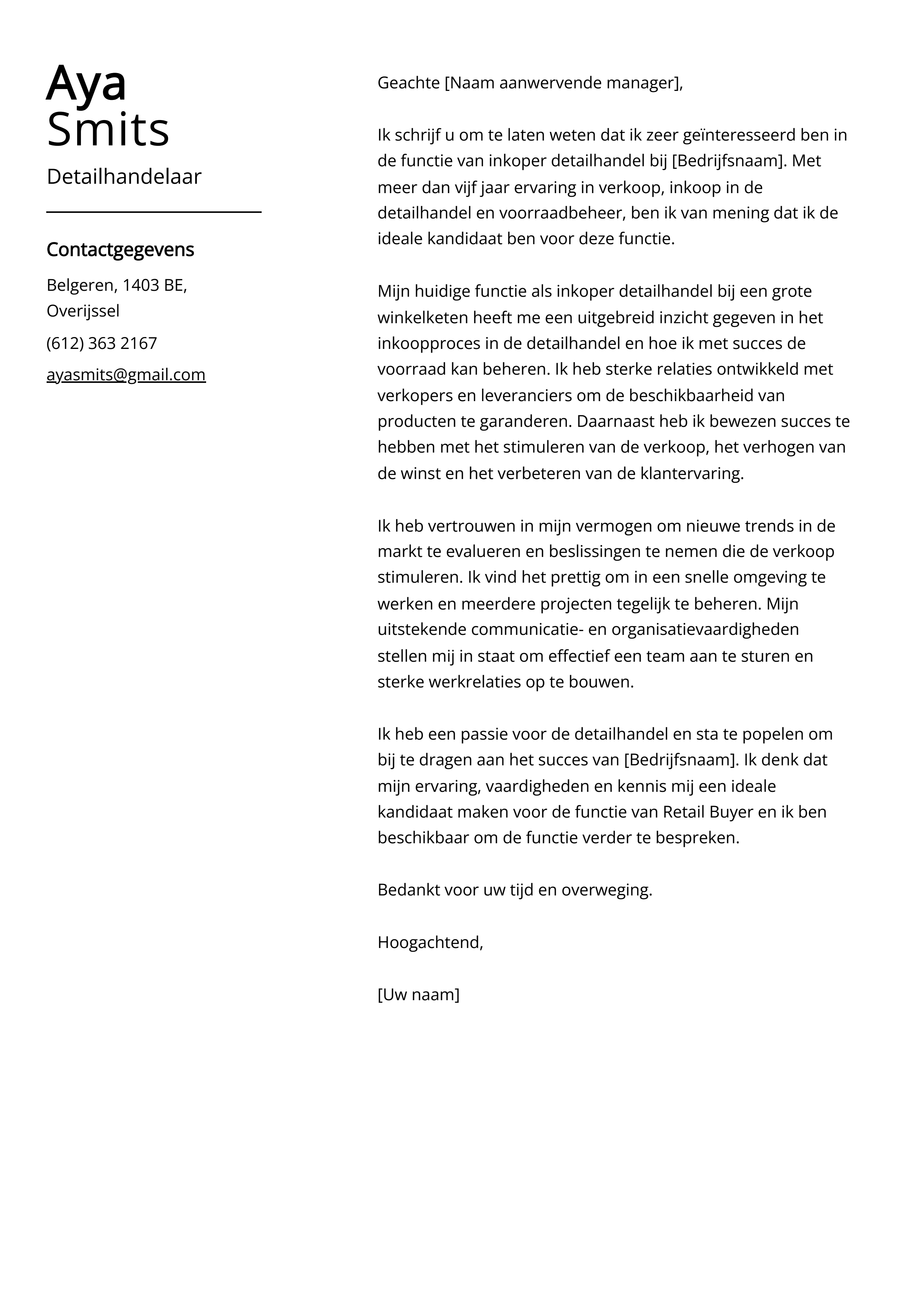 Detailhandelaar Sollicitatiebrief Voorbeeld